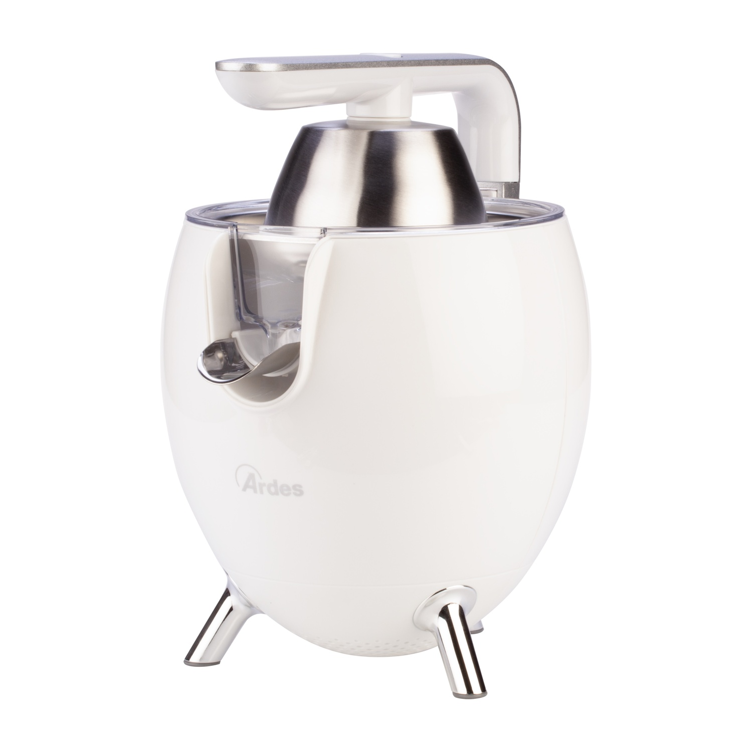 Un estrattore bianco con accenti argentati su sfondo bianco.