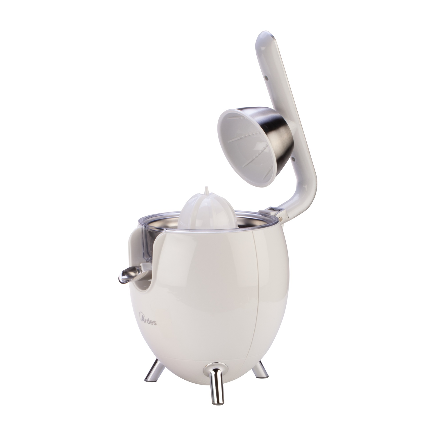 Un spremiagrumi bianco con accenti argentati e coperchio trasparente.
