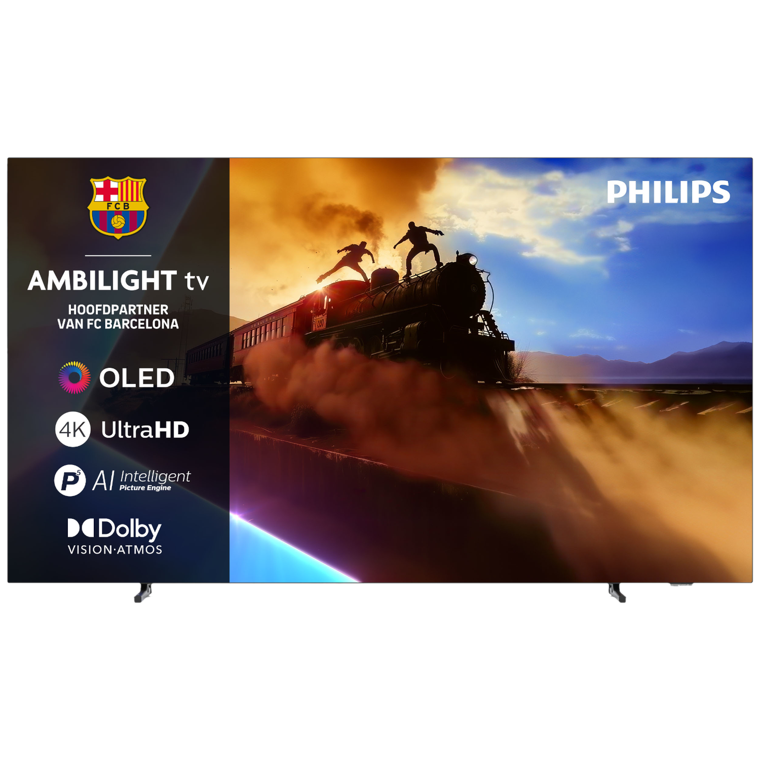 Une TV Philips affiche une scène avec un train et deux personnages. Logos et texte à gauche.