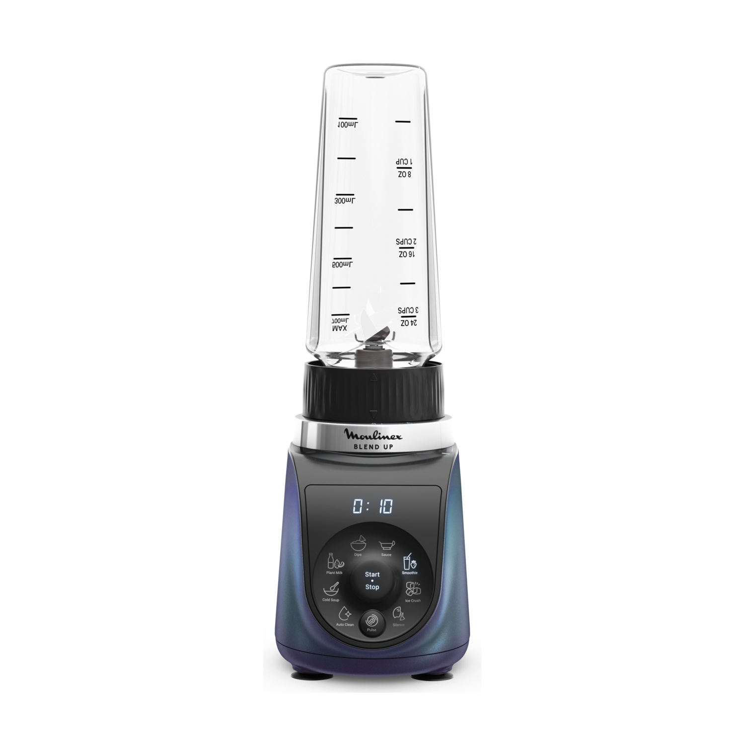 Un frullatore Moulinex Blend Up blu con un bicchiere dosatore trasparente in cima e controlli digitali.