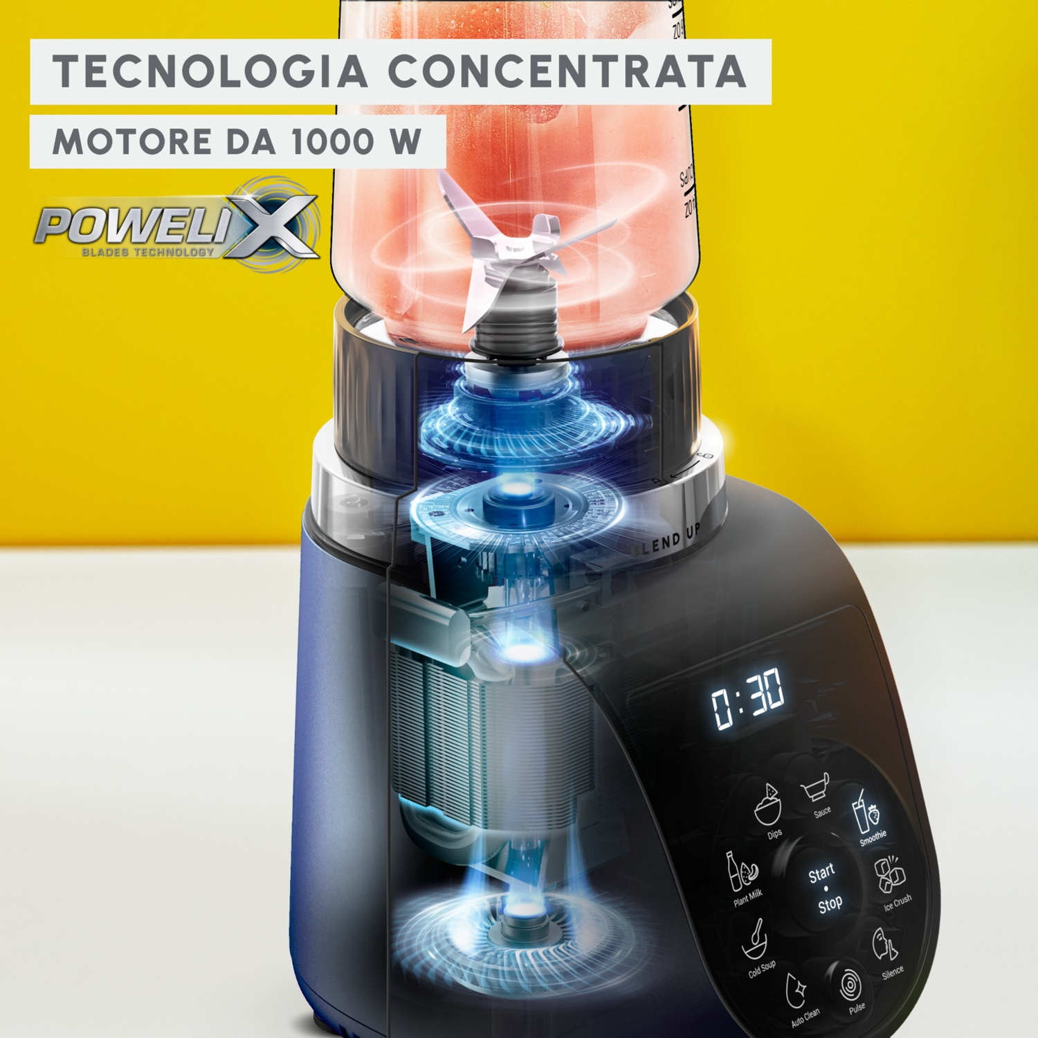 Un frullatore ad alta potenza con logo Powelix Blades Technology su sfondo giallo.