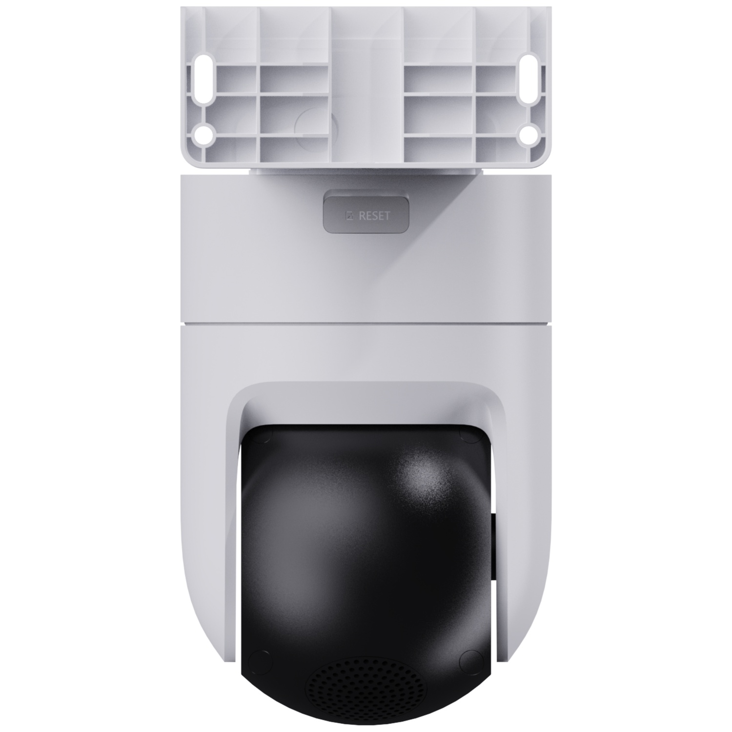 White security camera with a black lens and a reset button.