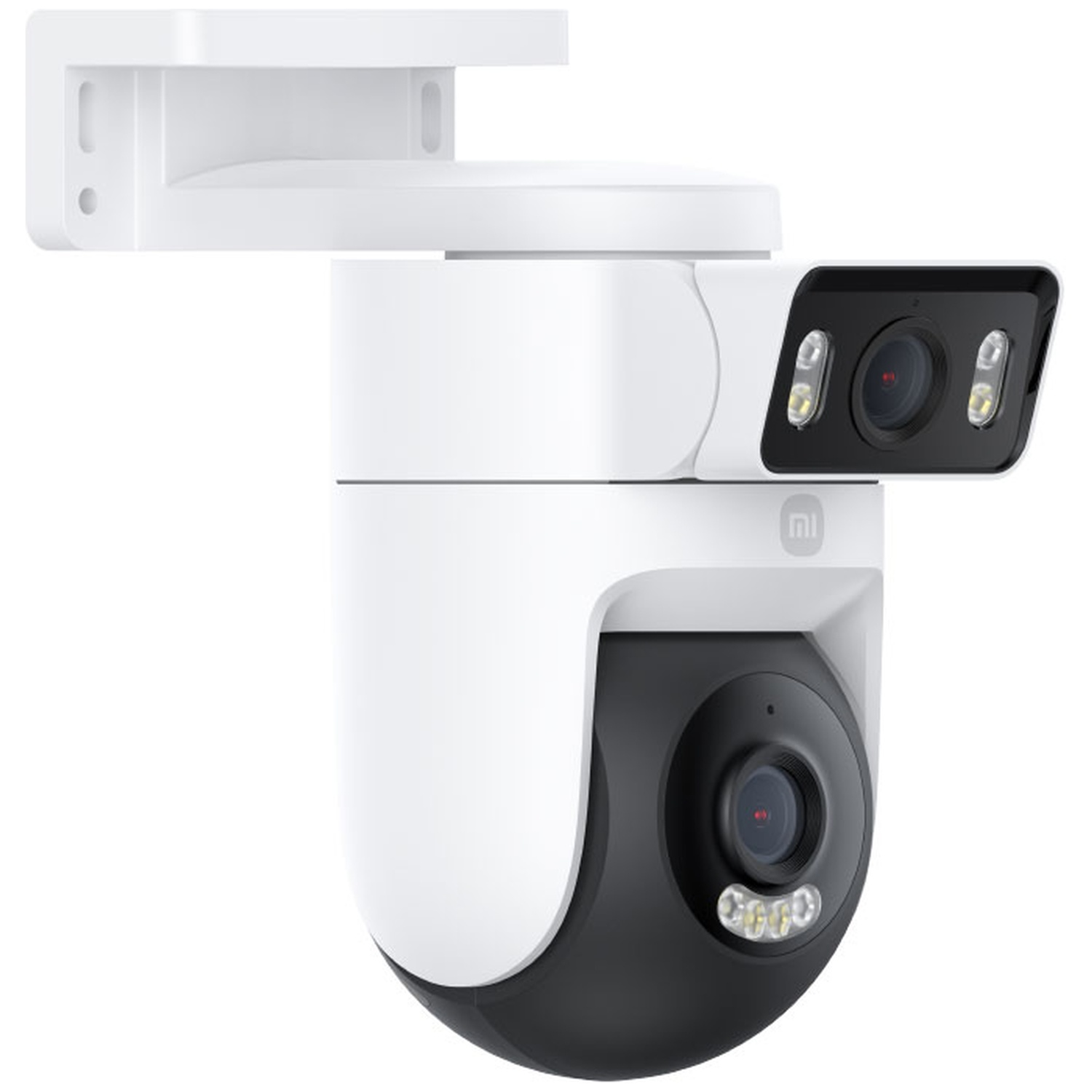 White and black security camera with wall mount. Features two lenses and LED lights.
