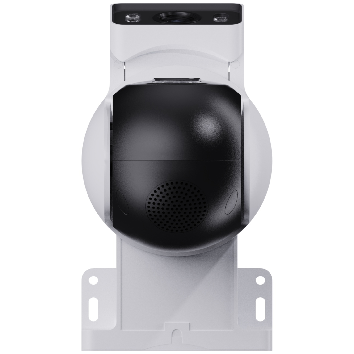 A white security camera with a black spherical lens and integrated lights.