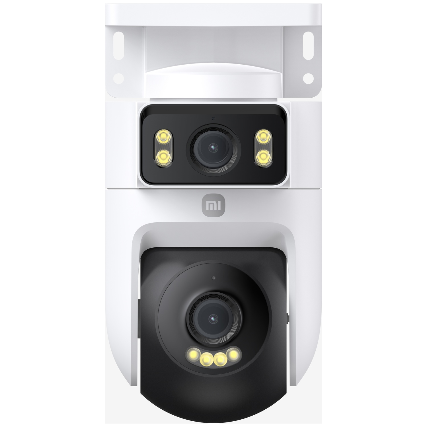 A white security camera with two lenses and four lights.