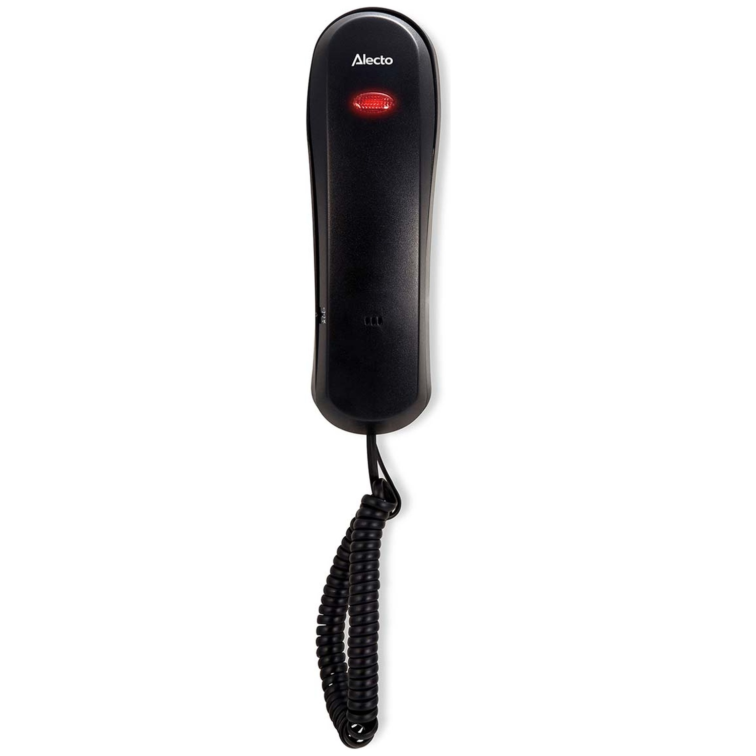 Een zwarte Alecto telefoon met rood verlicht lampje en krulsnoer.