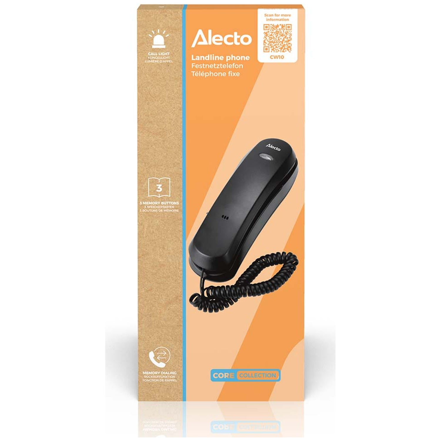 Zwarte Alecto vaste telefoon op oranje verpakking met productkenmerken.