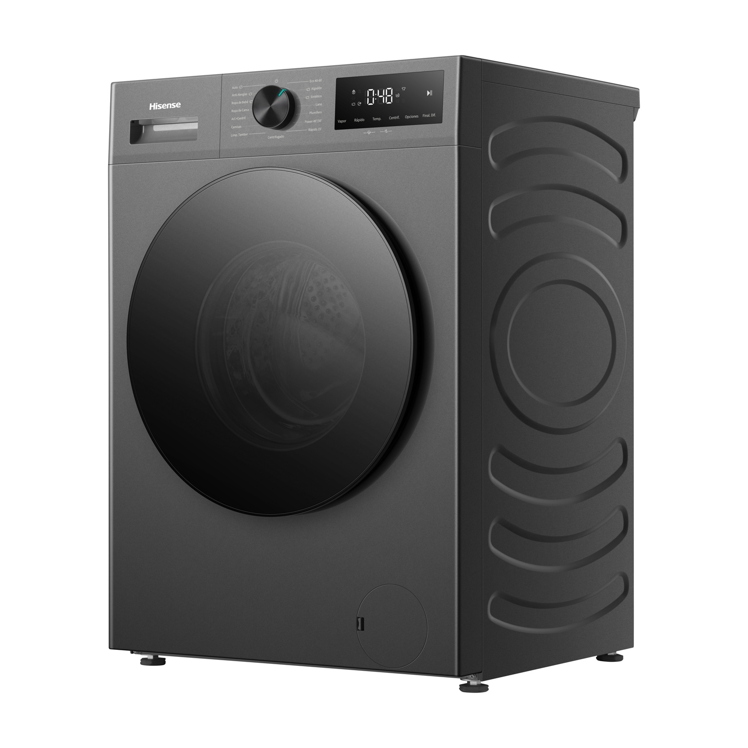 Lavatrice grigio scuro con oblò rotondo nero e display digitale.