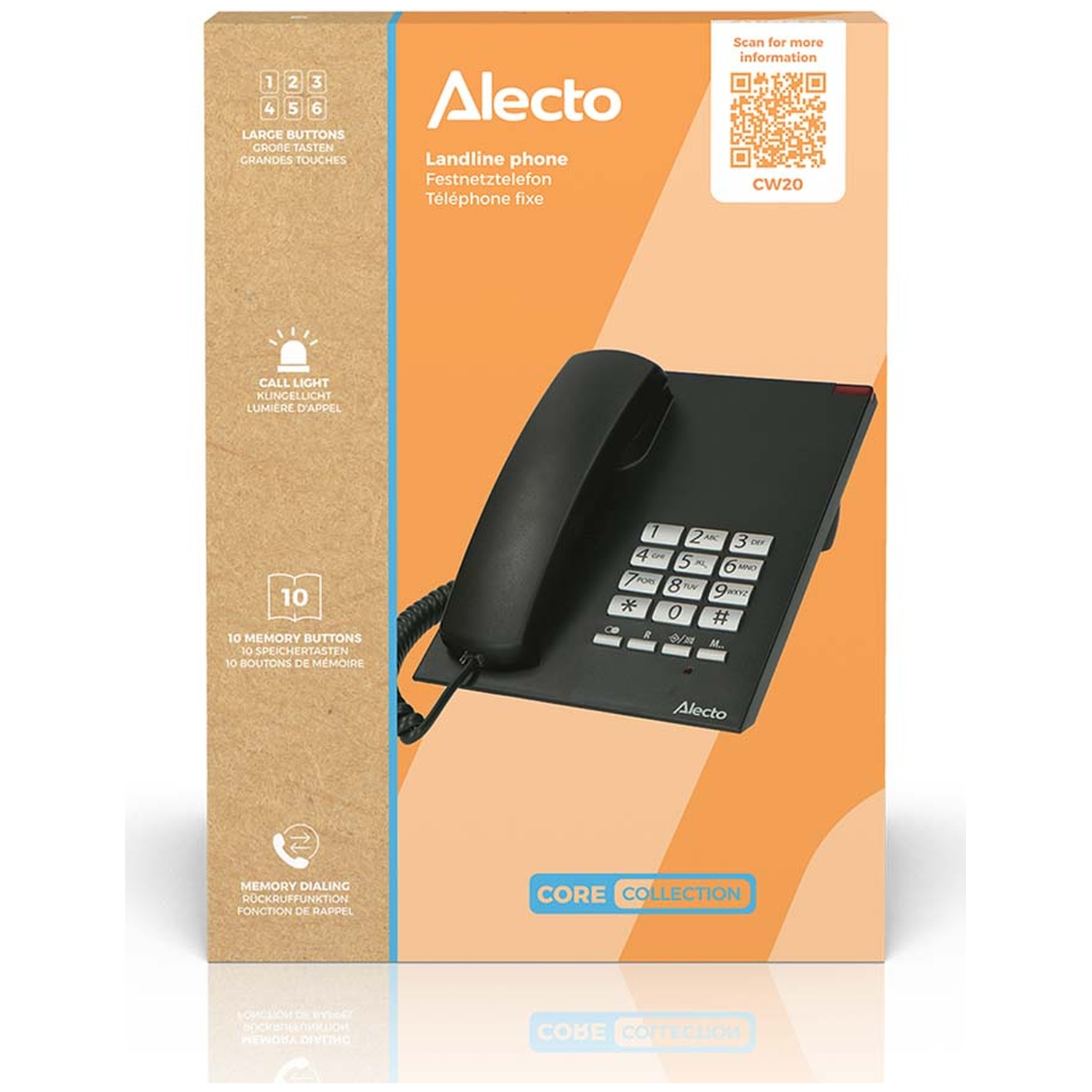 Alecto landline phone with keypad, handset, and QR code on orange packaging.