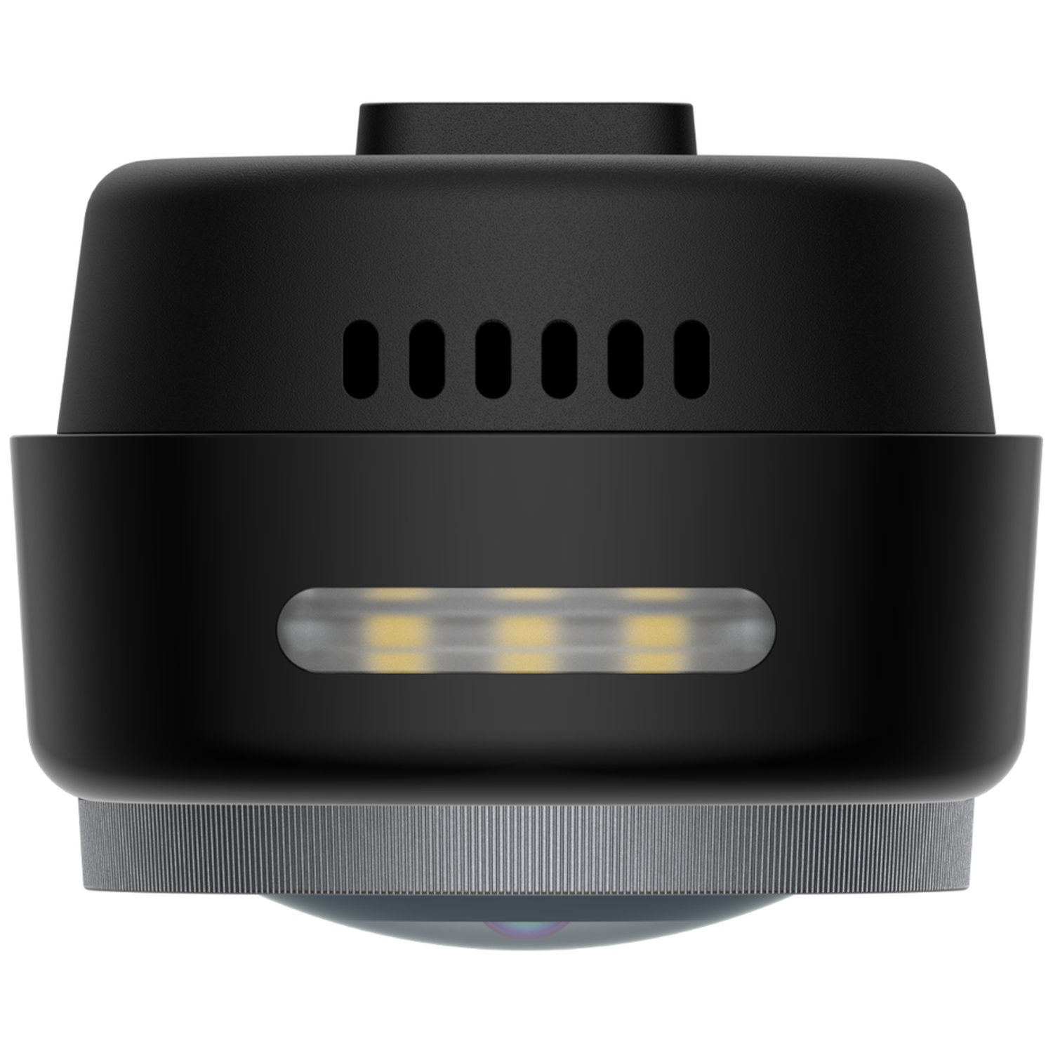 Cube caméra noir avec fentes de ventilation et LED jaunes.