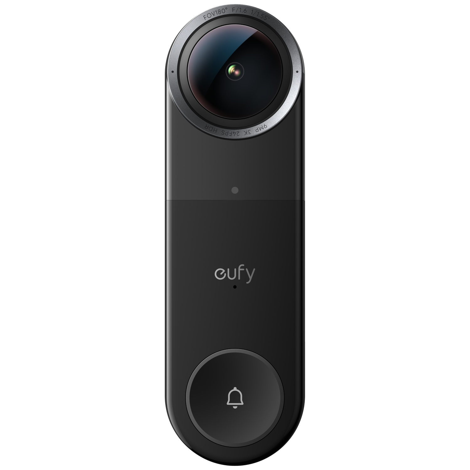 Sonnette Eufy noire avec objectif grand angle et icône de cloche.