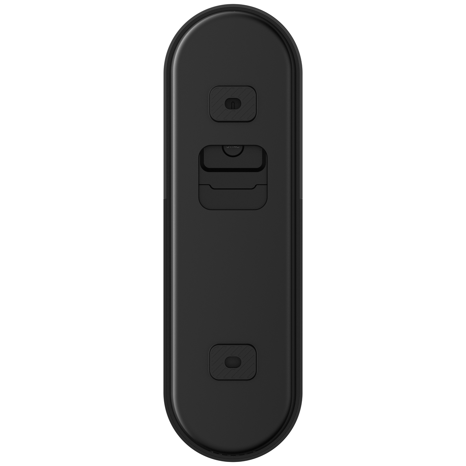Une télécommande noire avec boutons et zone coulissante.