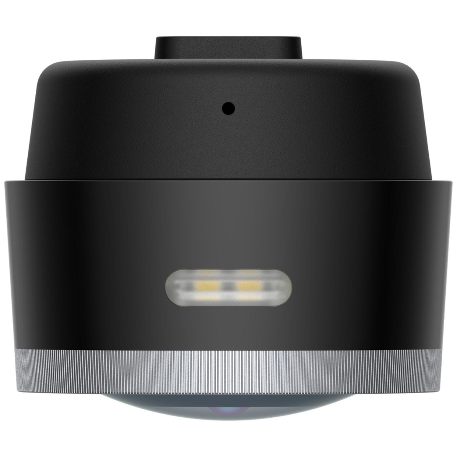 Une caméra de sécurité noire avec un anneau argenté et une lumière LED.