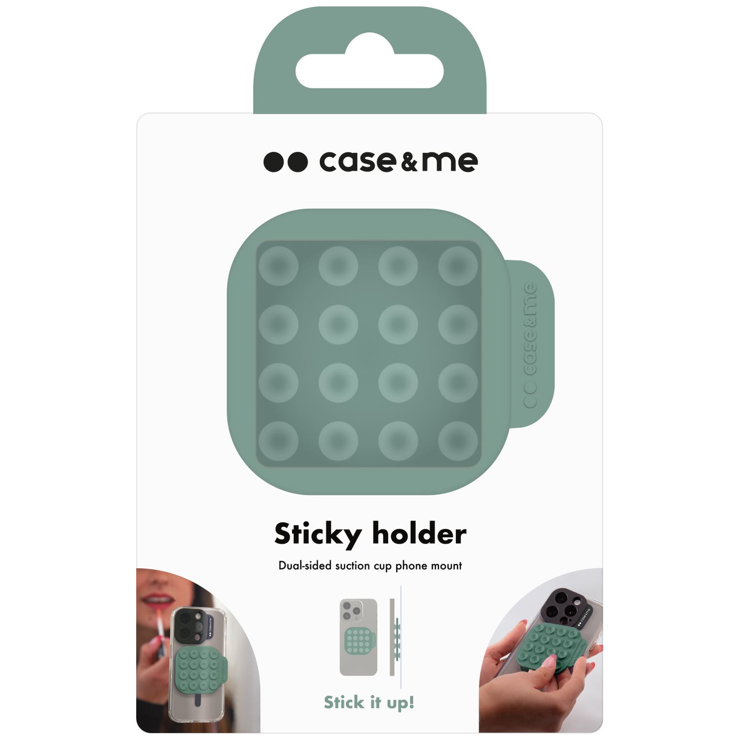 Packaging for a green sticky phone holder with suction cups.
