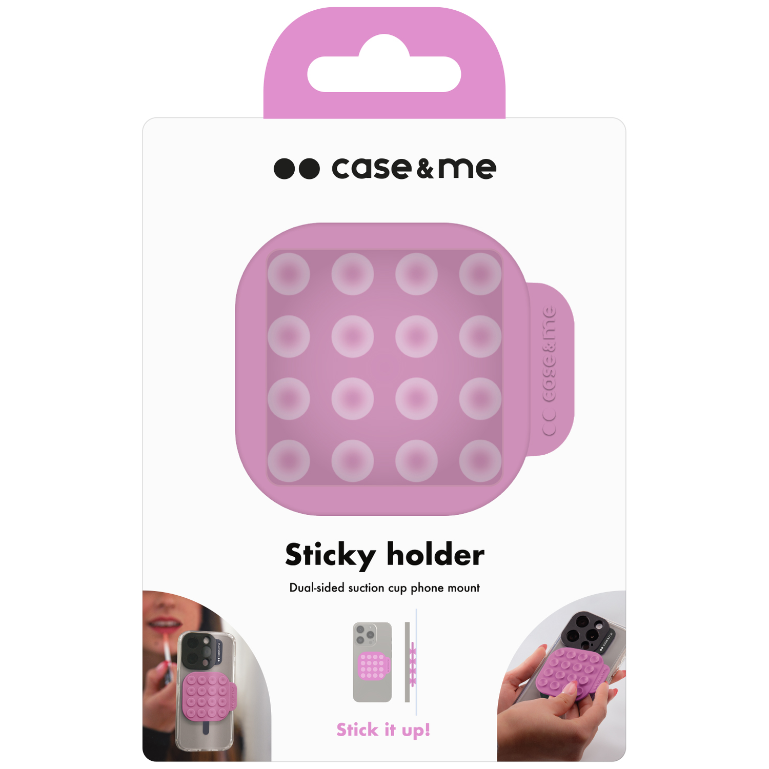 Packaging for a pink suction cup phone holder with a circle pattern.