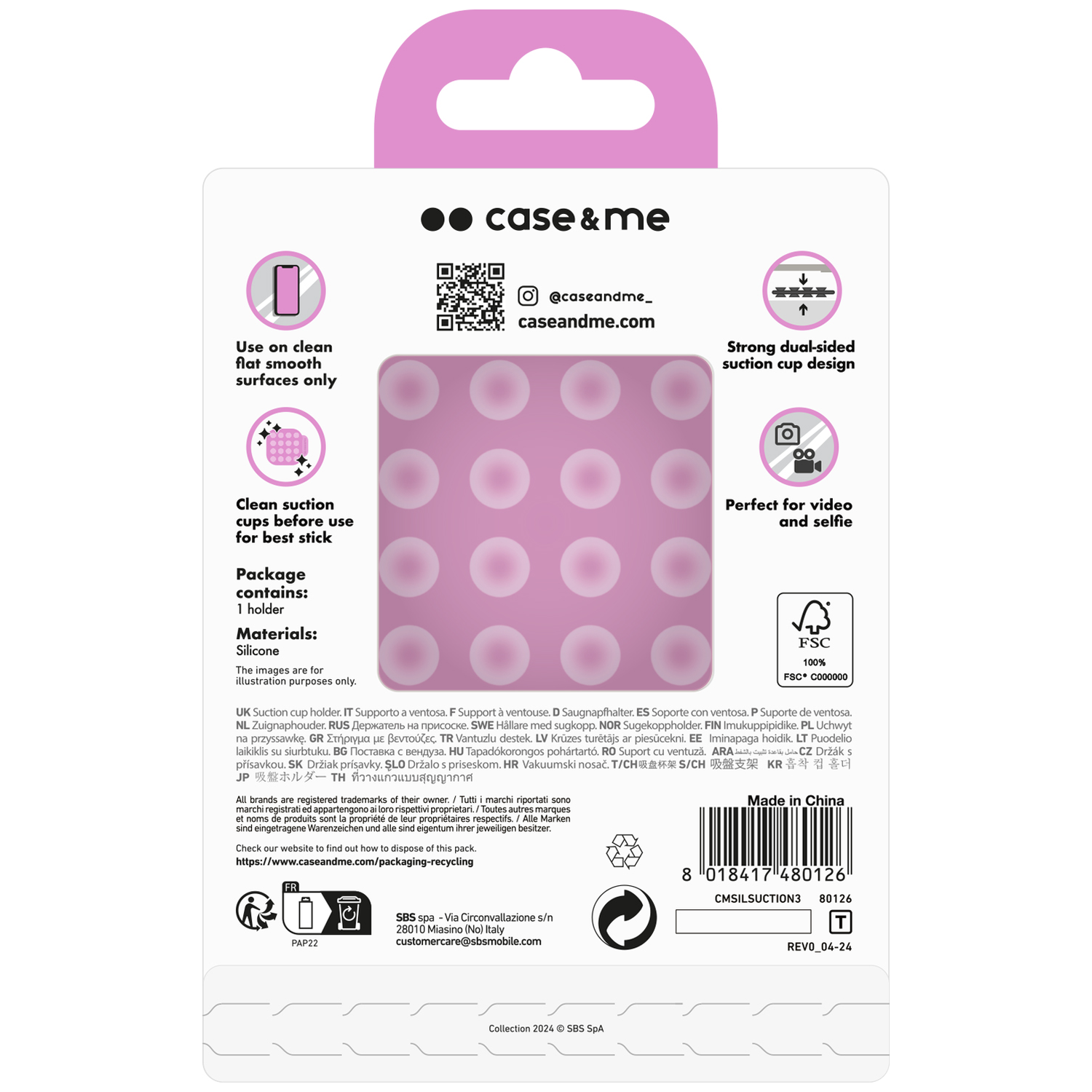 Packaging for a phone holder with suction cups and product information.