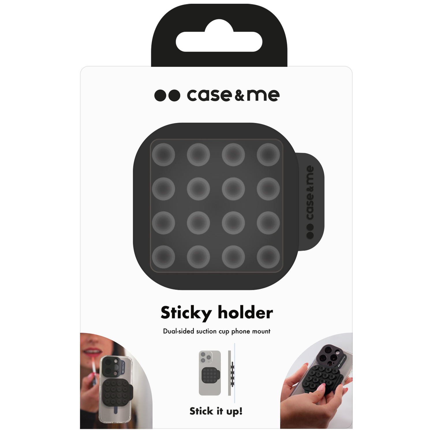 Packaging for a black sticky holder with suction cups, featuring phone use examples.