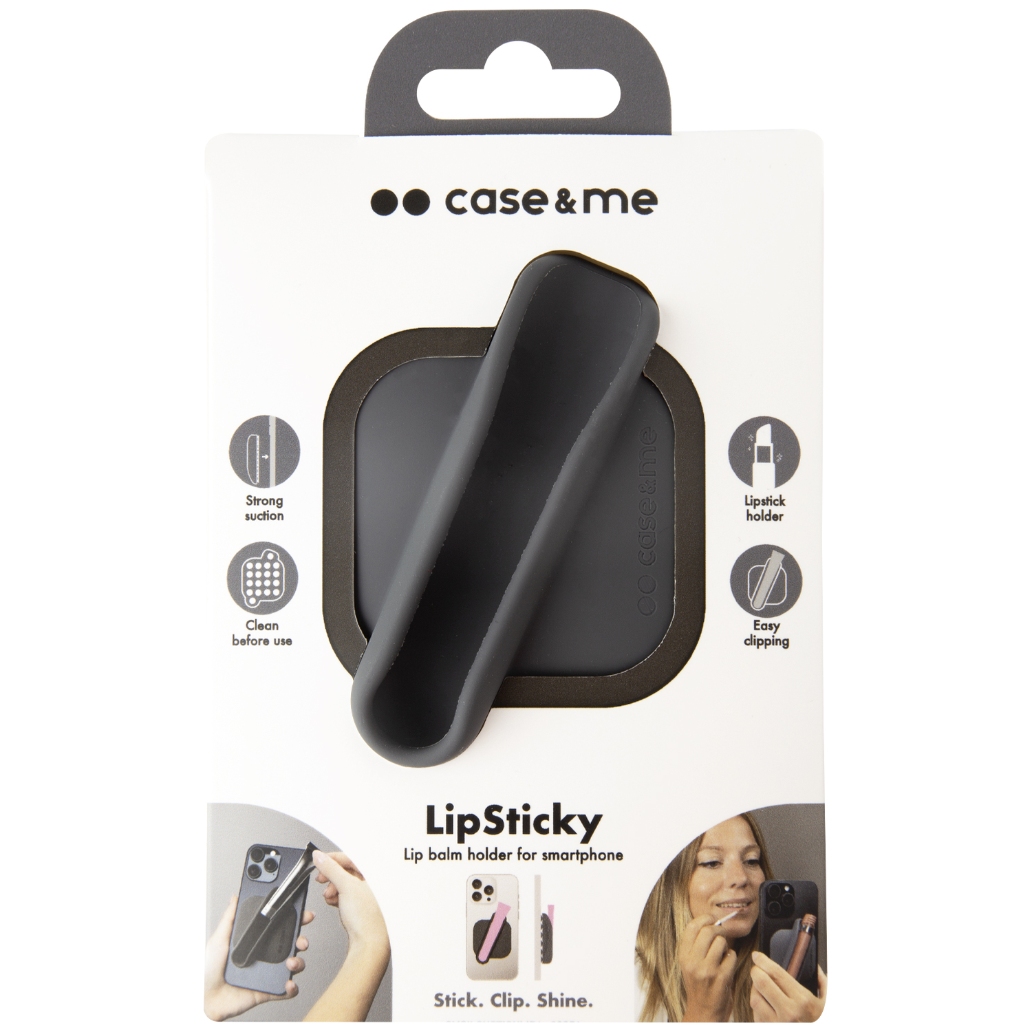 Packaging for a Case & Me brand lip balm holder for smartphones.