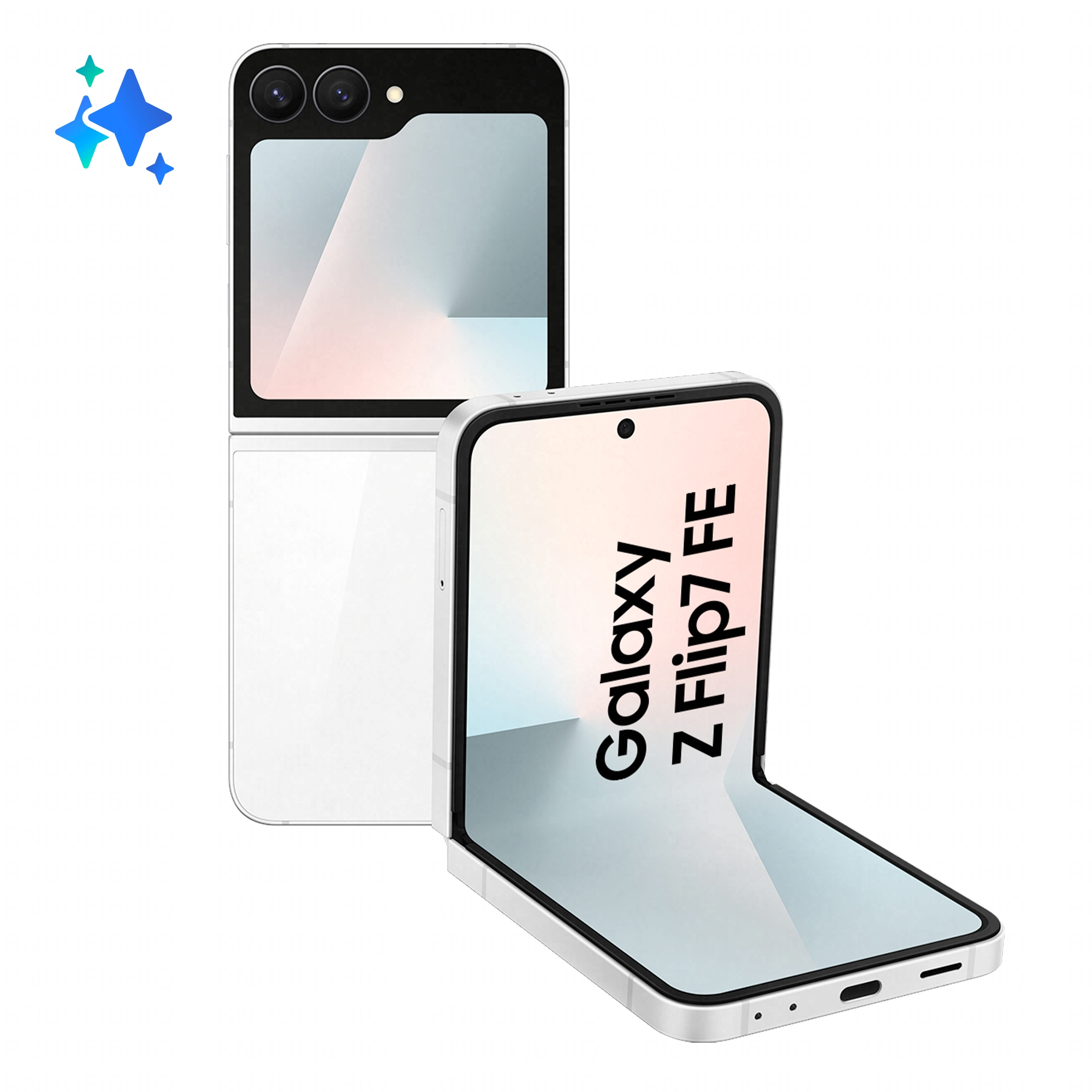Biały telefon Samsung Galaxy Z Flip7 FE, otwarty i zamknięty, na białym tle.