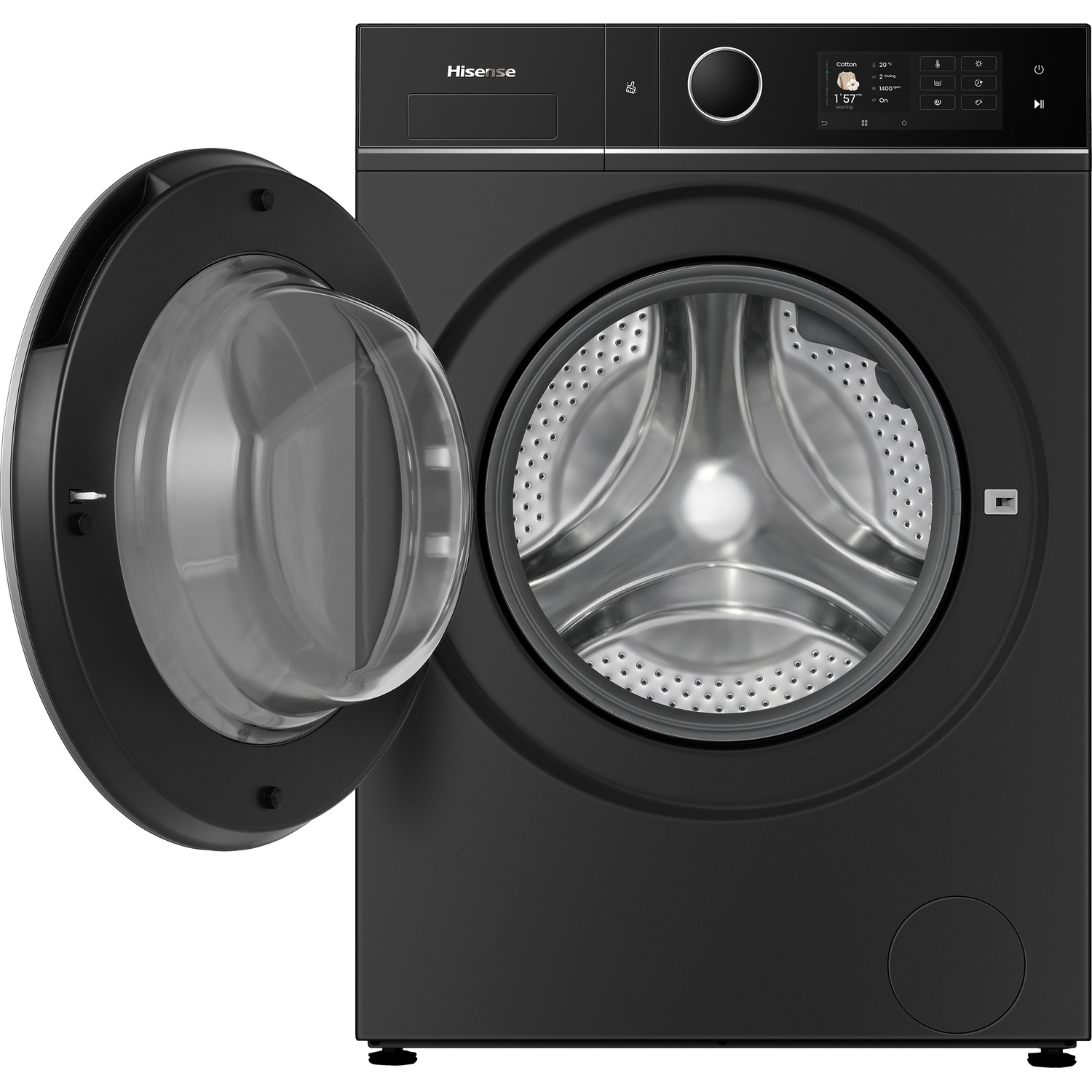 Une machine à laver Hisense à chargement frontal noire, porte ouverte, révélant le tambour.