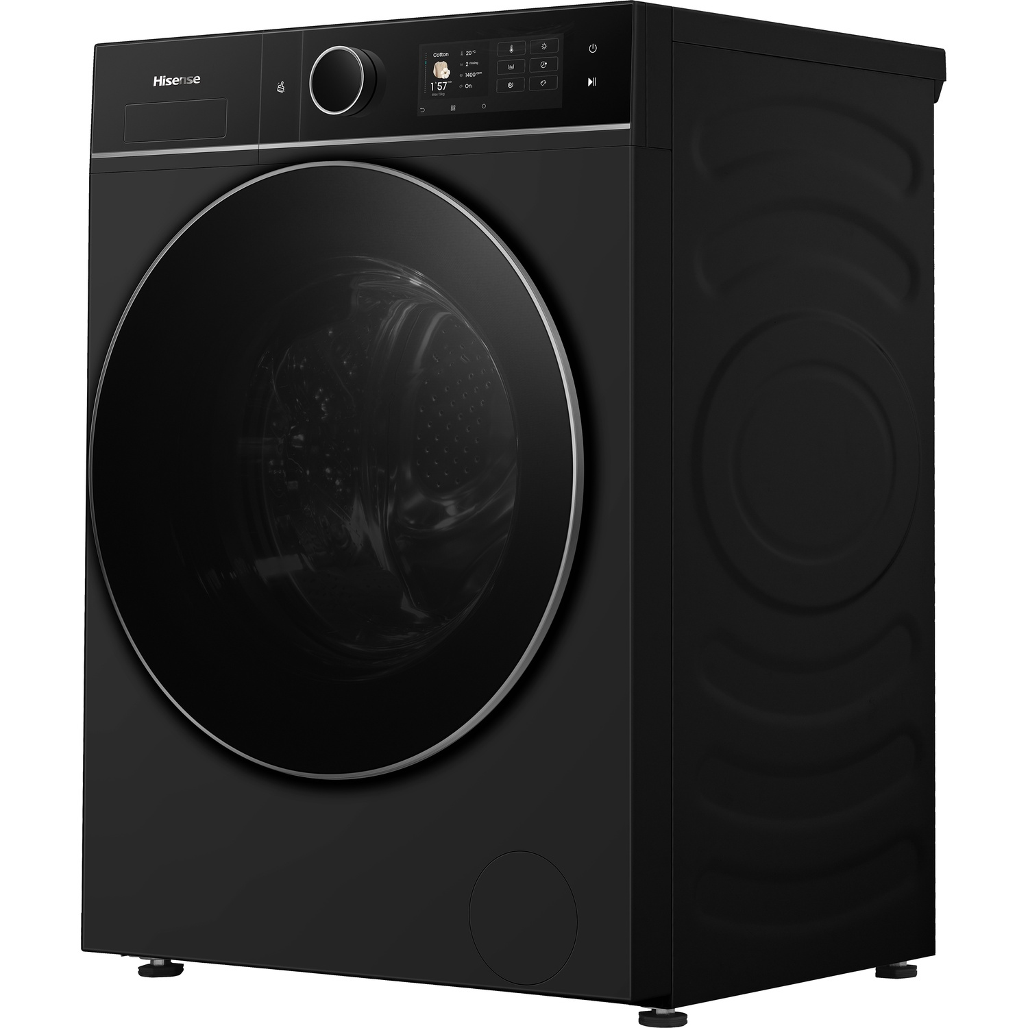 Une machine à laver Hisense noire avec une grande porte vitrée et un écran digital.