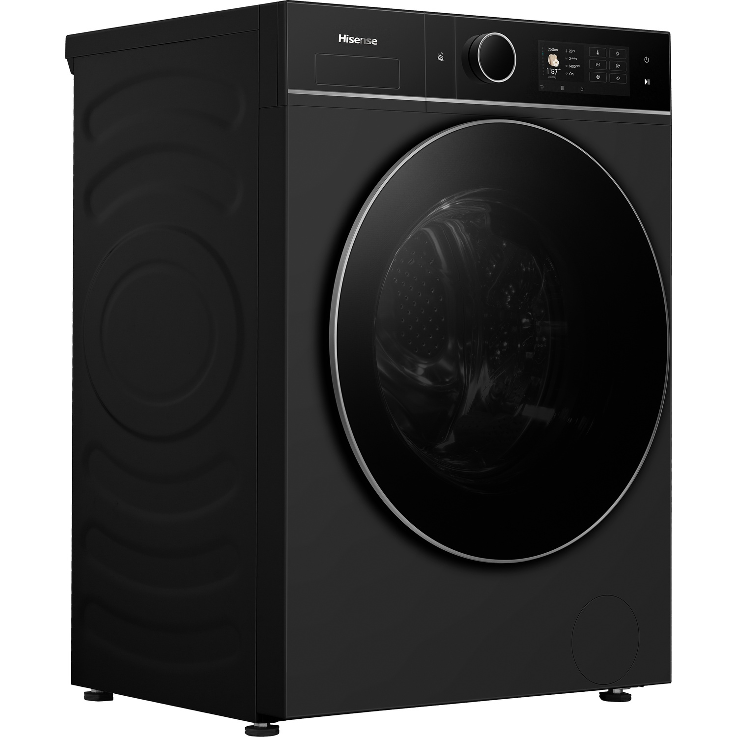 Machine à laver noire avec porte ronde en verre et écran numérique.
