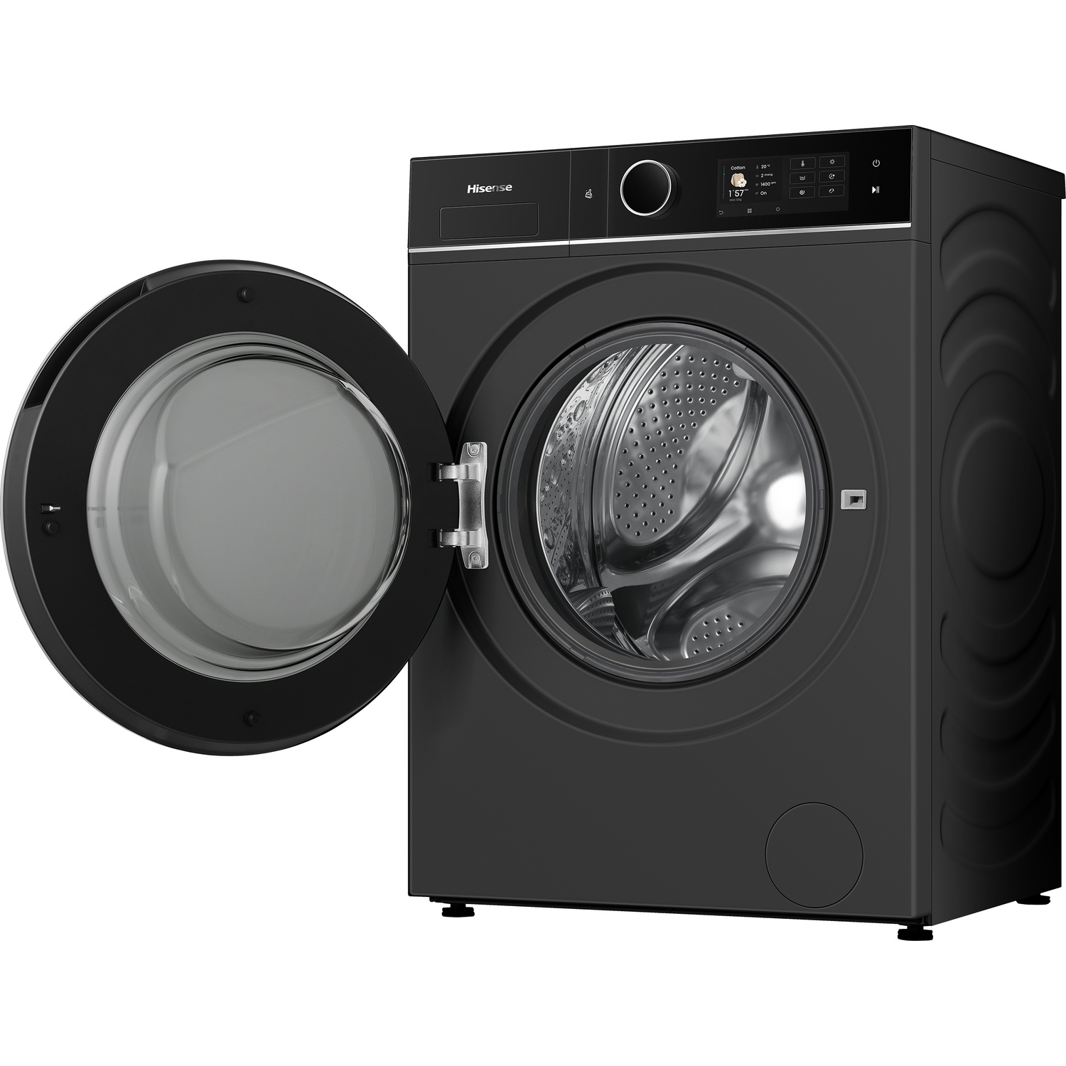Une machine à laver Hisense noire, porte ouverte, montrant le tambour.