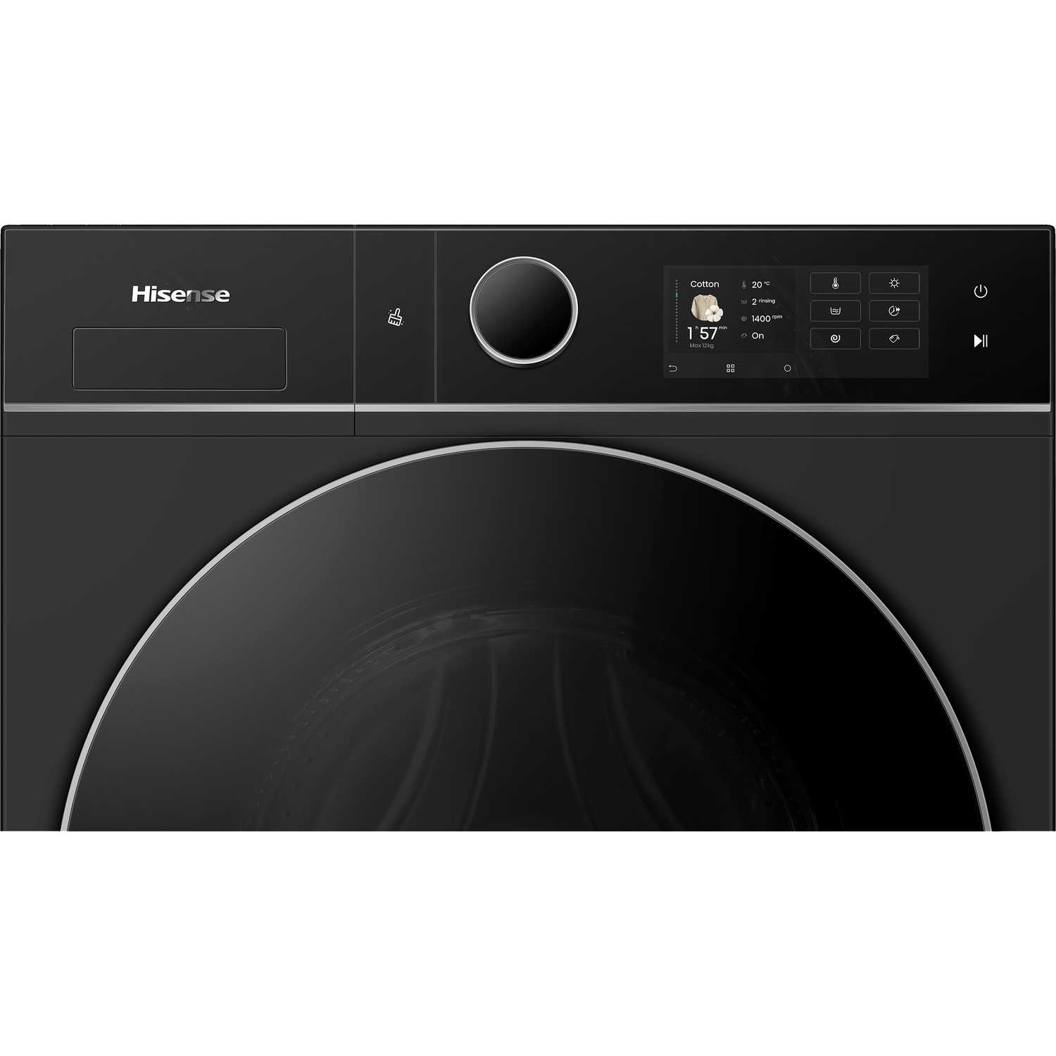 Lave-linge noir avec écran numérique affichant 'Coton', 20°C, 2 rinçages, 1400 tr/min.