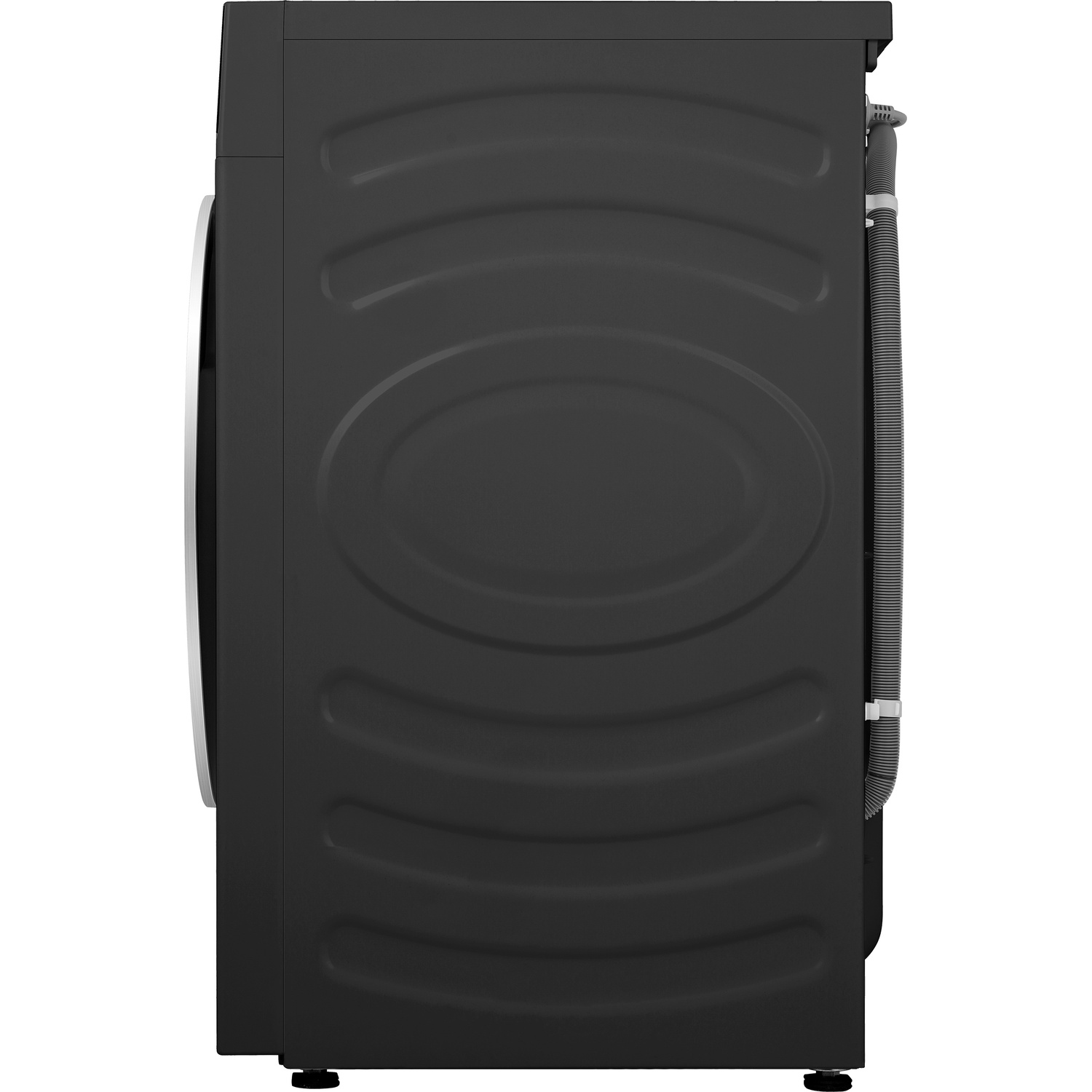 Machine à laver noire de côté, avec panneau latéral ondulé et raccord de tuyau.