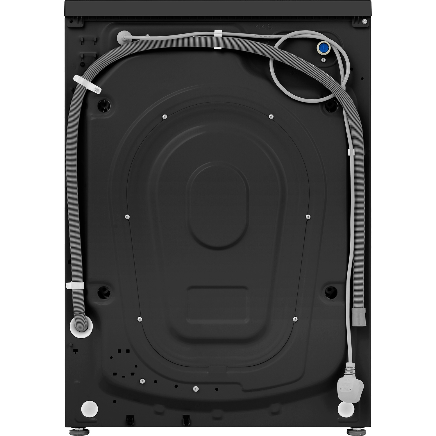 Arrière d'une machine à laver noire avec tuyaux et câbles visibles.