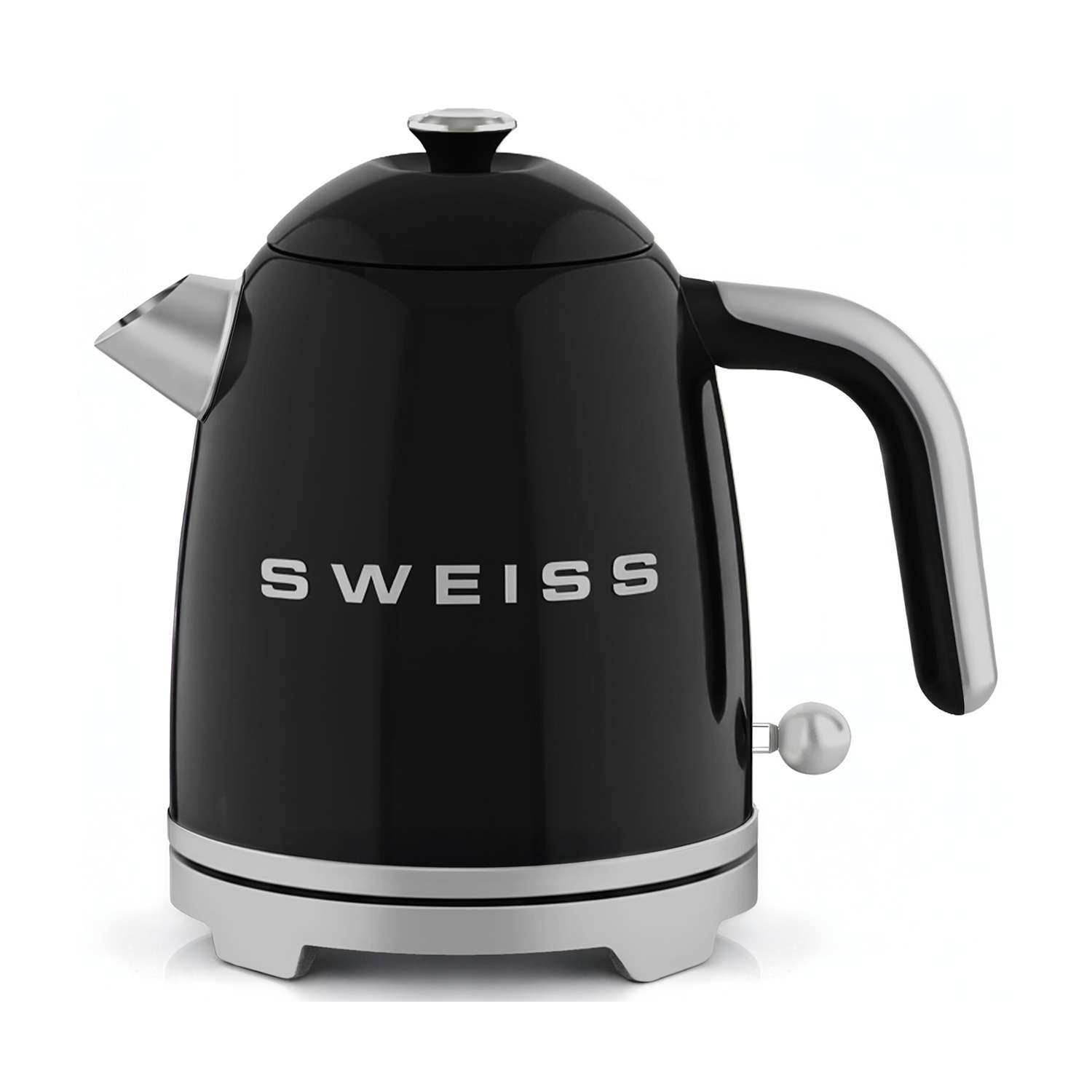 Un bollitore nero con accenti argentati e la parola SWEISS sul davanti.