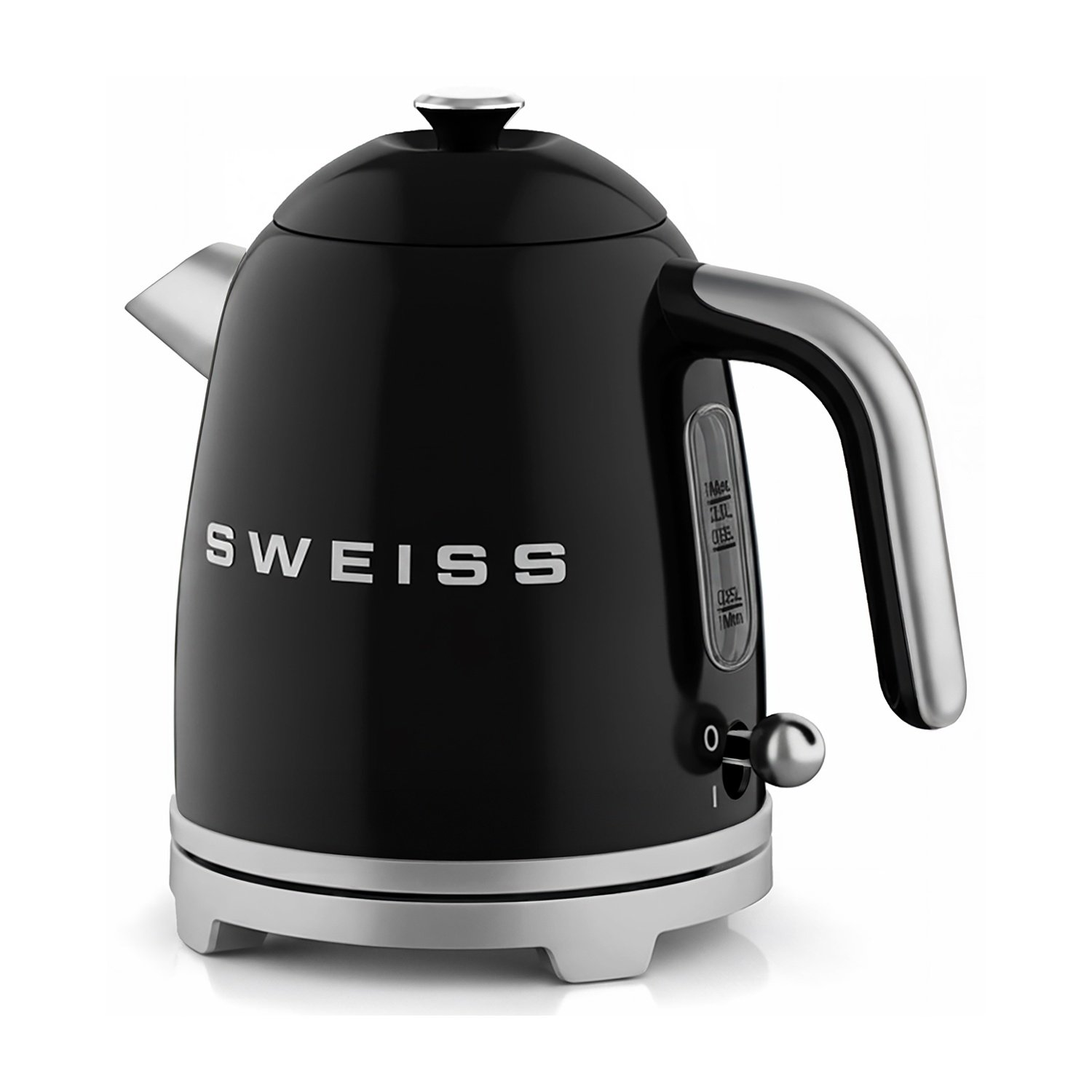 Bollitore nero con manico e base argentati, marca SWEISS.