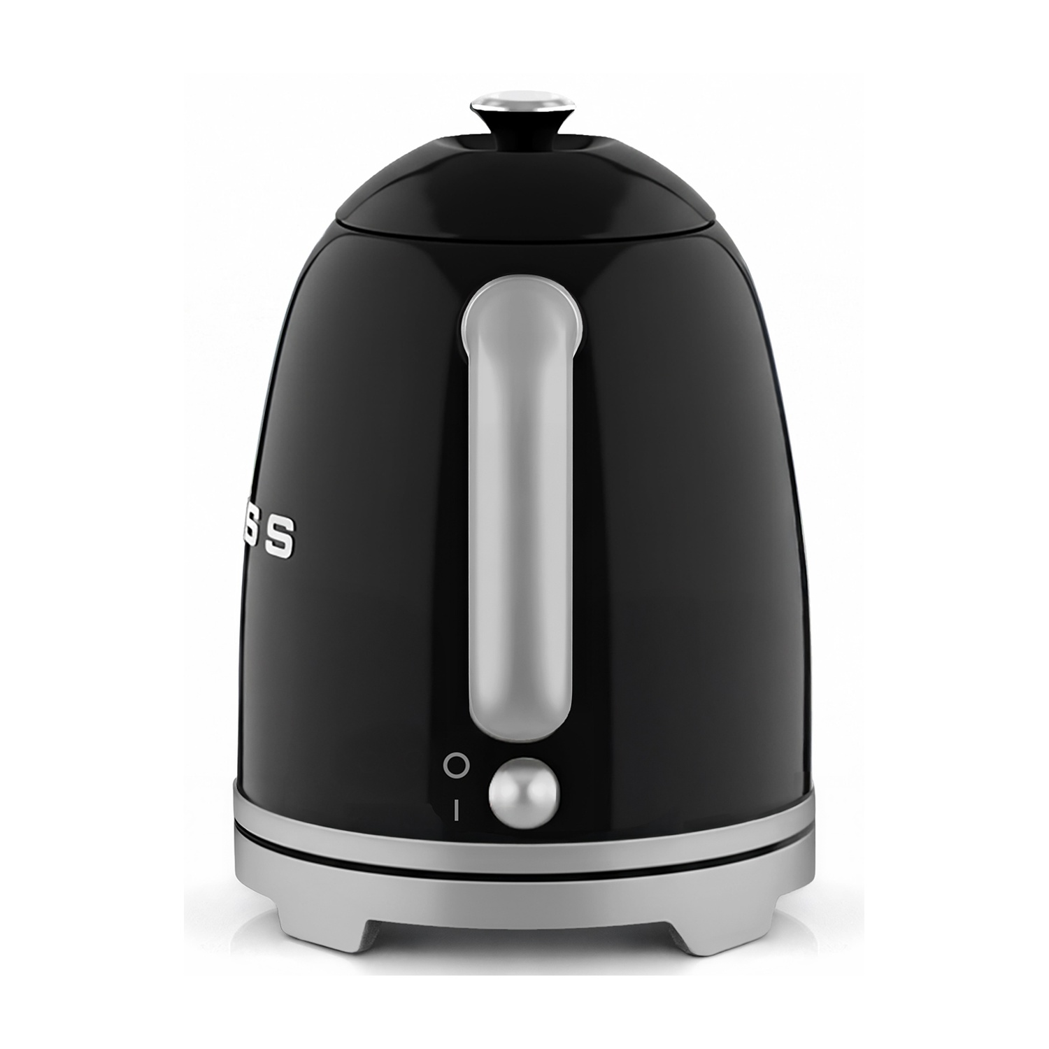 Bollitore elettrico nero con manico e base argentati, su sfondo bianco.
