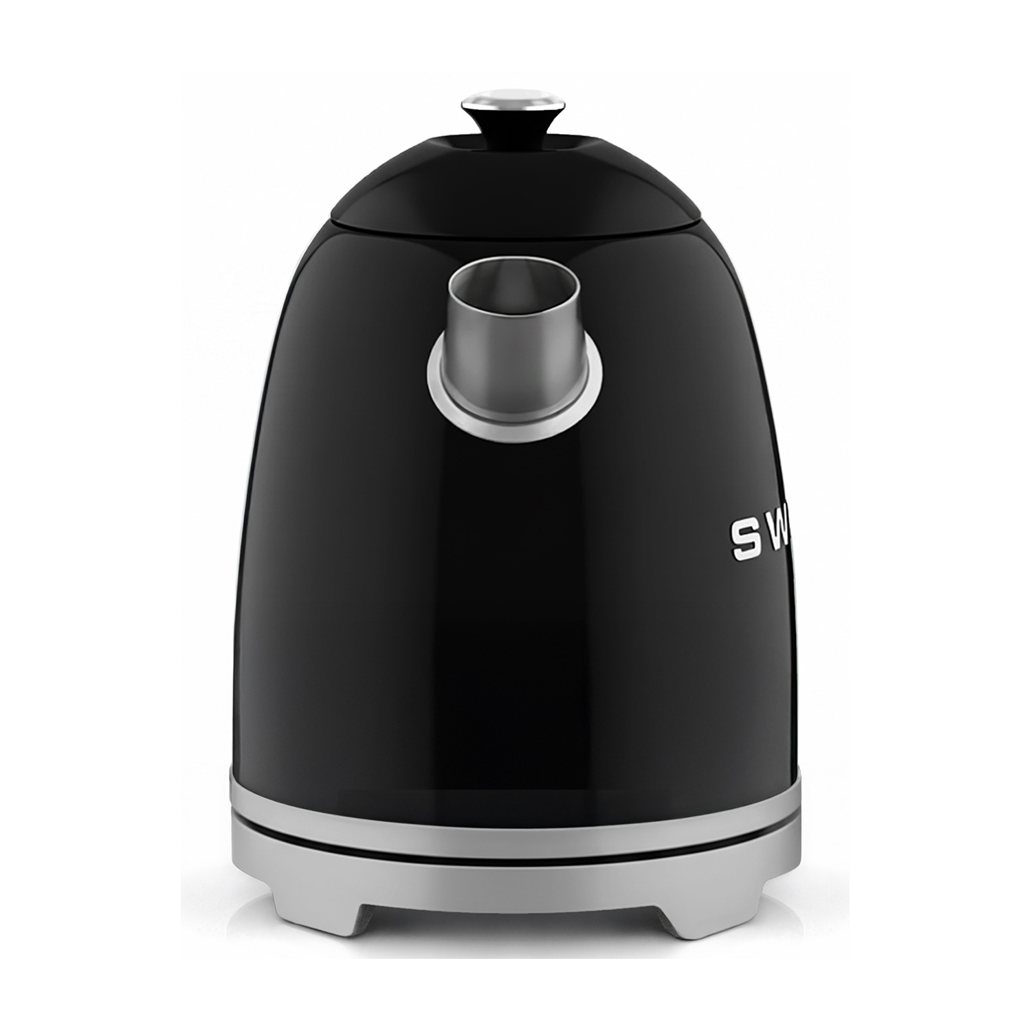 Bollitore elettrico nero con accenti argentati su sfondo bianco.