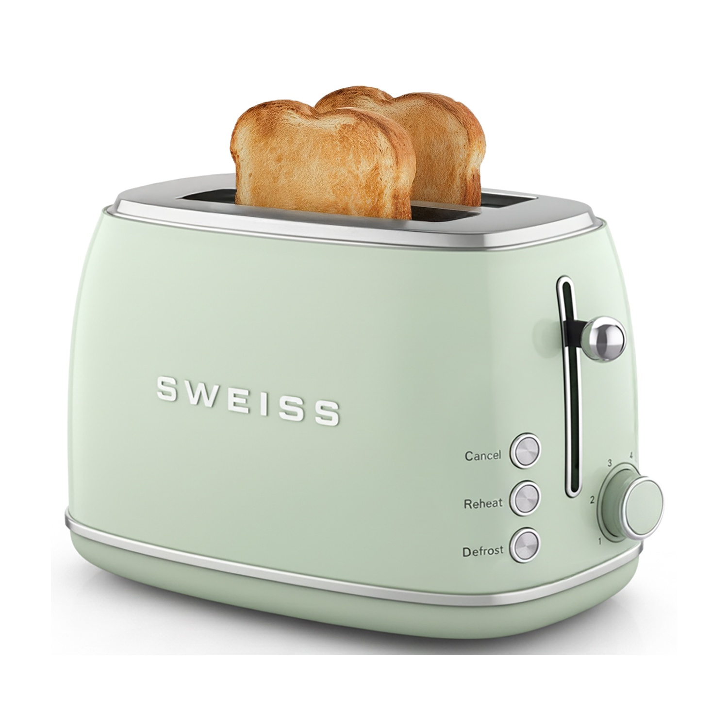Un tostapane verde chiaro con due fette di pane tostato, su sfondo bianco.