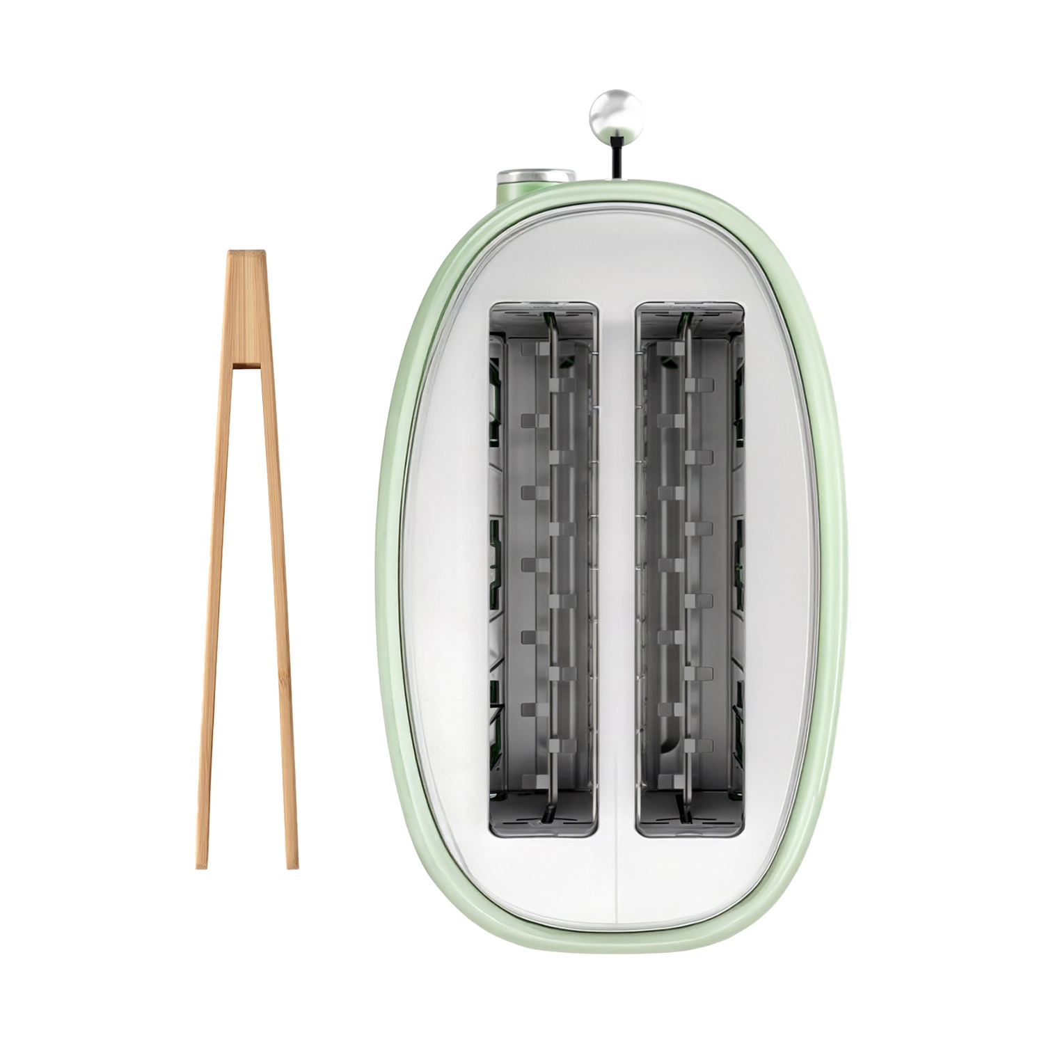 Un tostapane verde chiaro con due fessure e pinze di legno accanto.