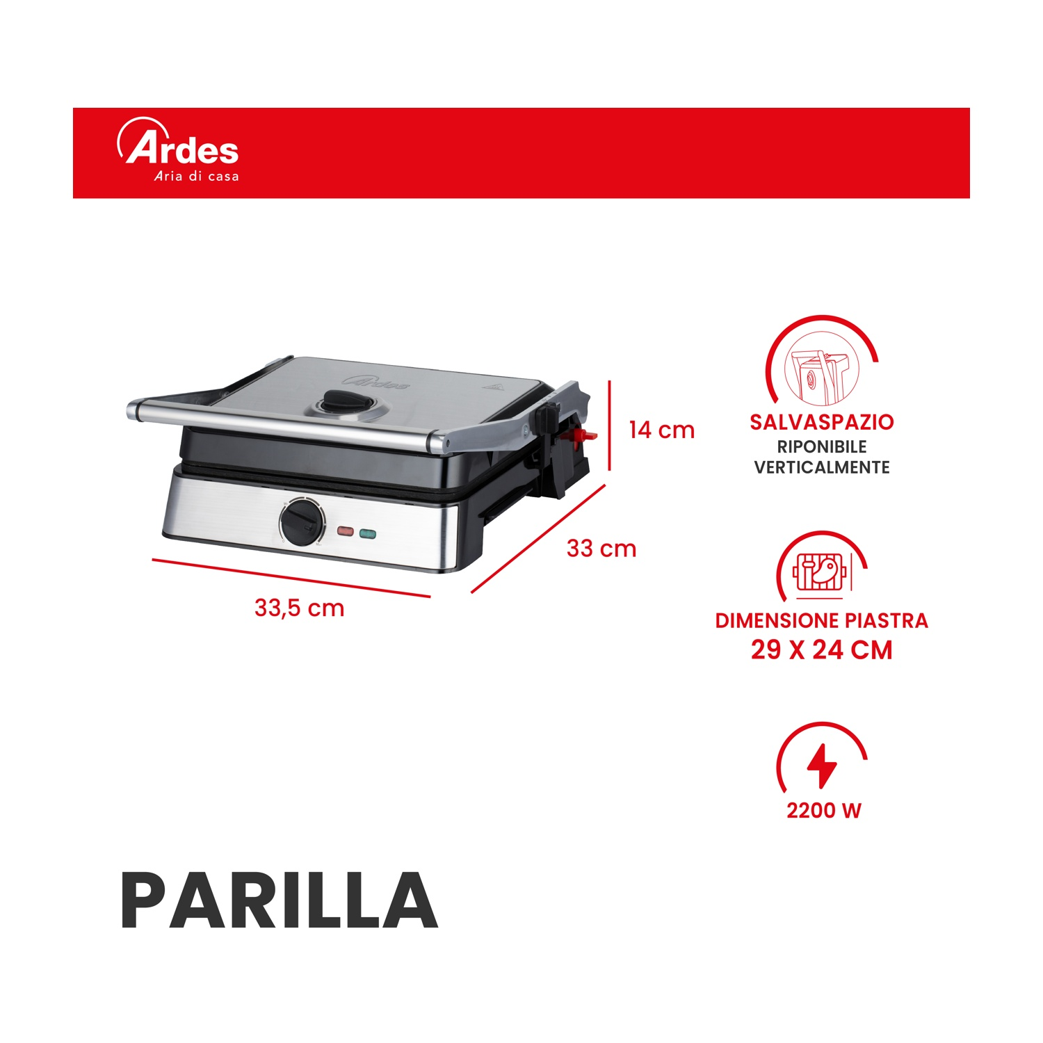 Una griglia a contatto argentata con accenti neri, dimensioni 33,5x33x14cm, 2200W.