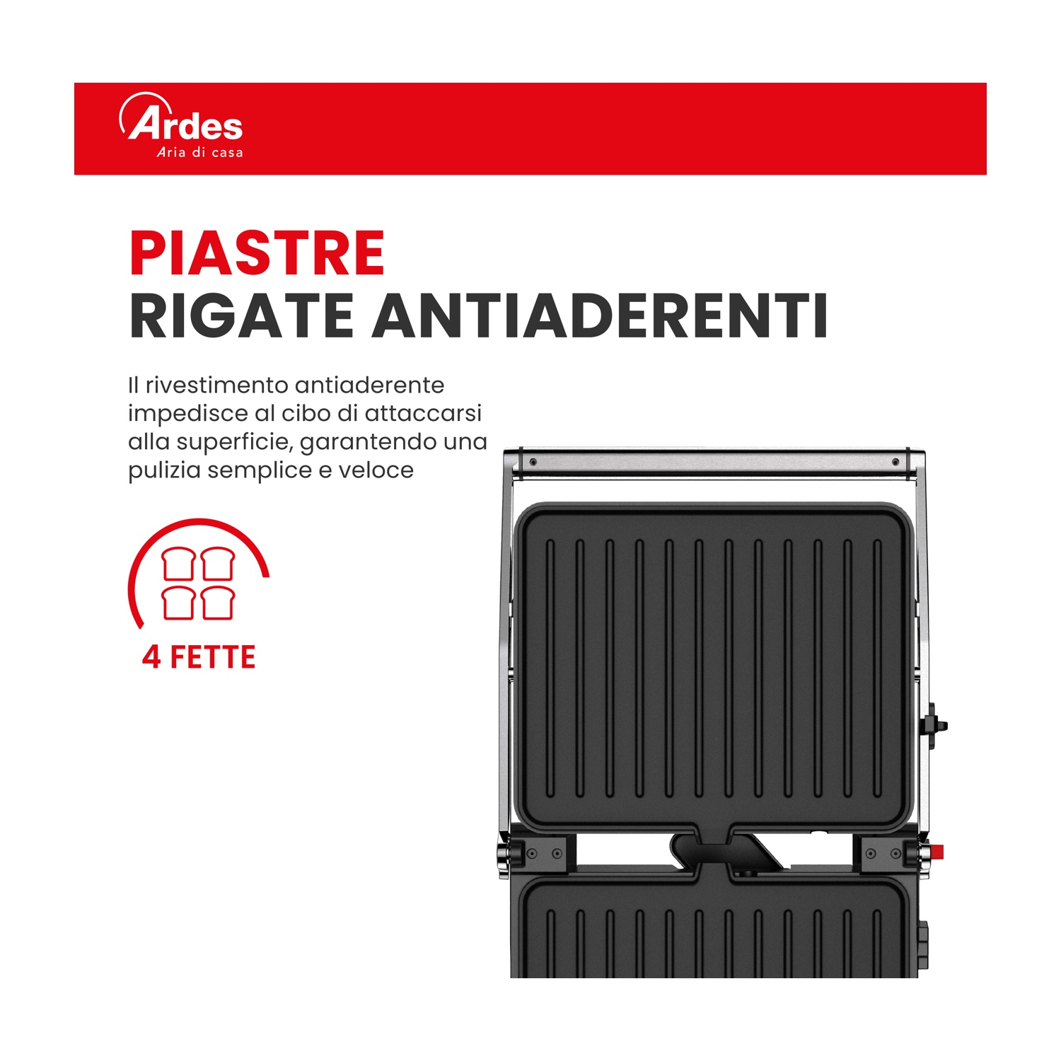 Piastra grill rigata antiaderente per 4 fette.