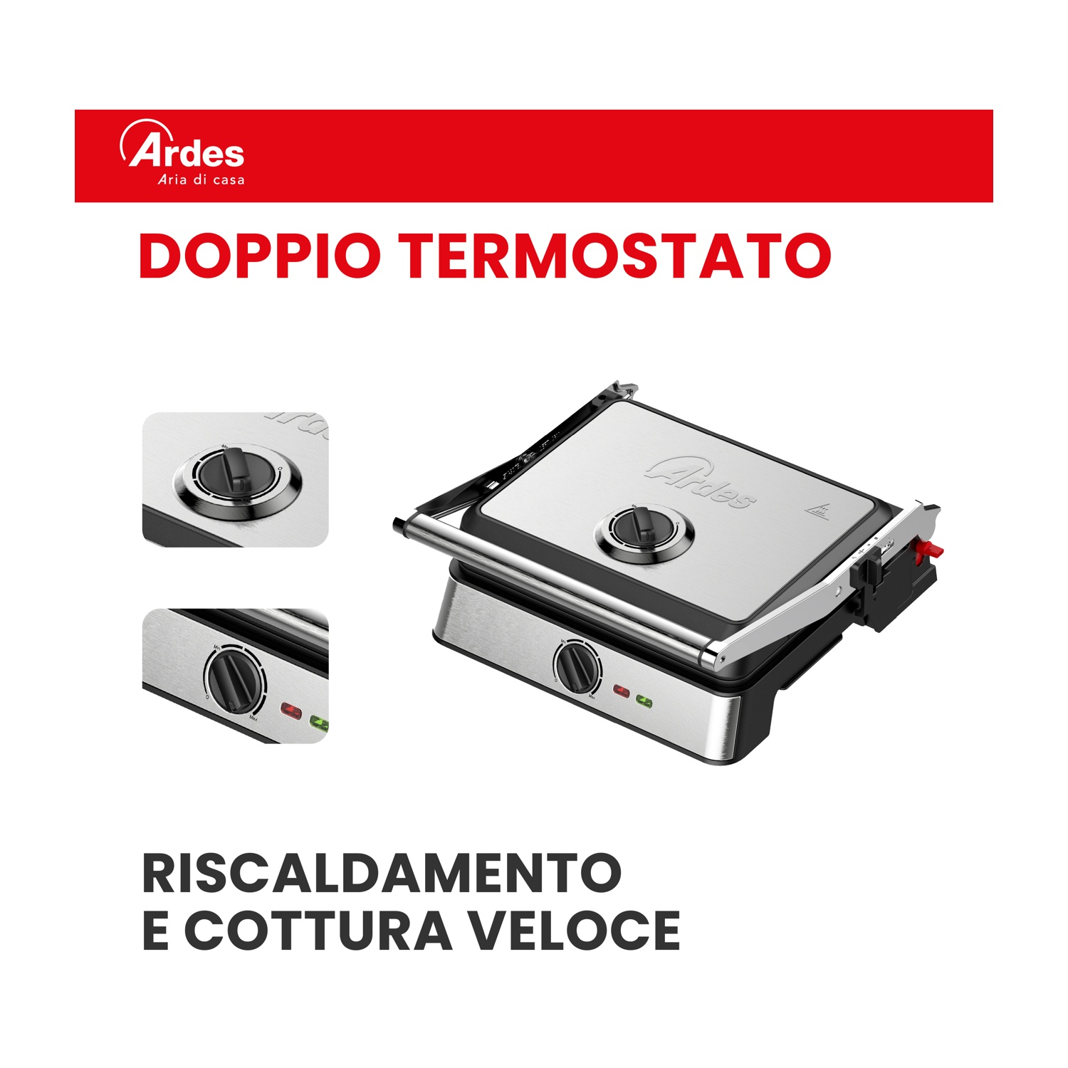 Una griglia elettrica argentata con accenti rossi e manopole.