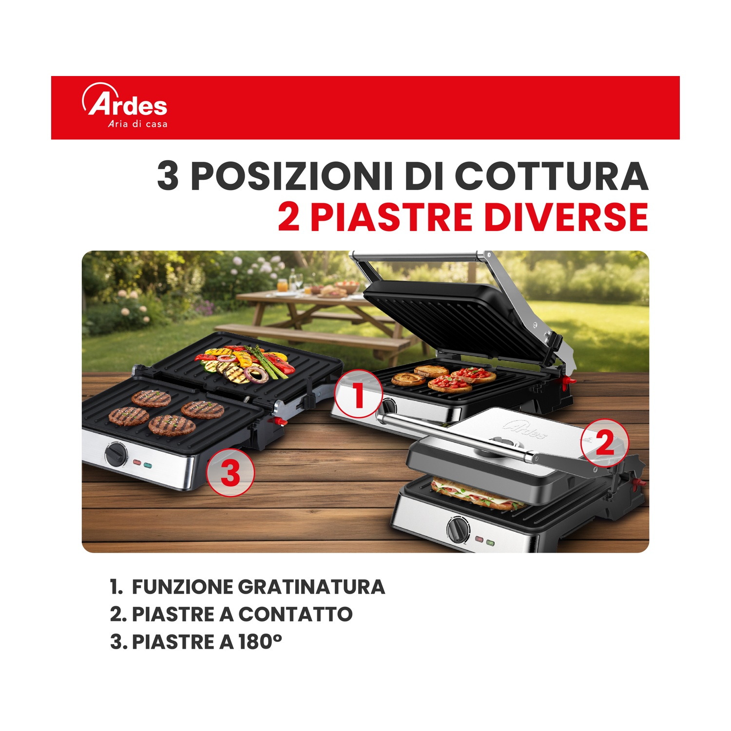 Grill a tre posizioni e due piastre diverse, mostra hamburger, verdure e sandwich.