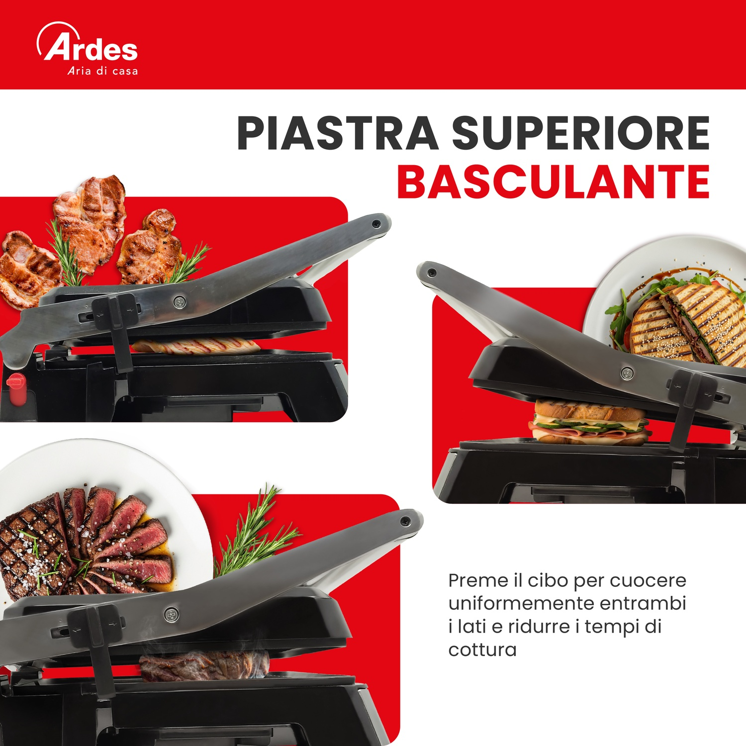 La piastra cuoce bistecche, panini e costolette. Ha un coperchio basculante.