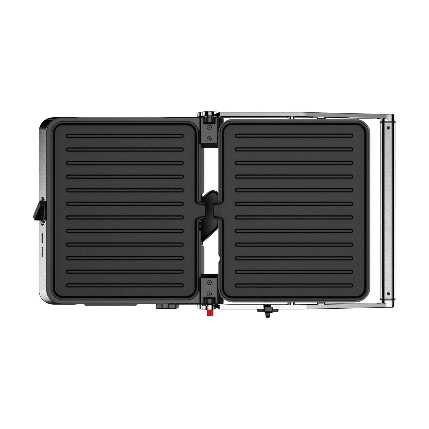 Una piastra grill aperta con scanalature nere su alloggiamento argentato.