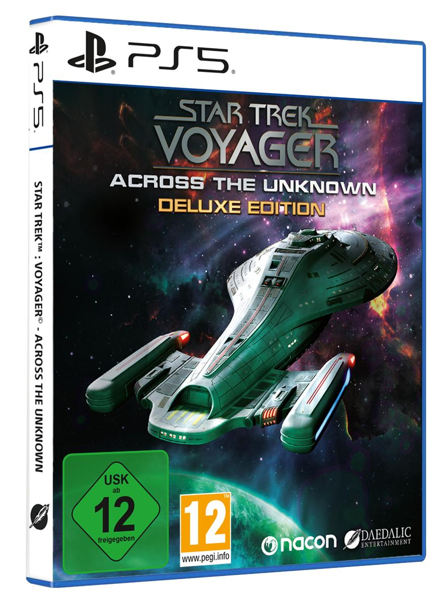 Ein Raumschiff der "Star Trek: Voyager" Deluxe Edition für die PS5 im Weltraum.