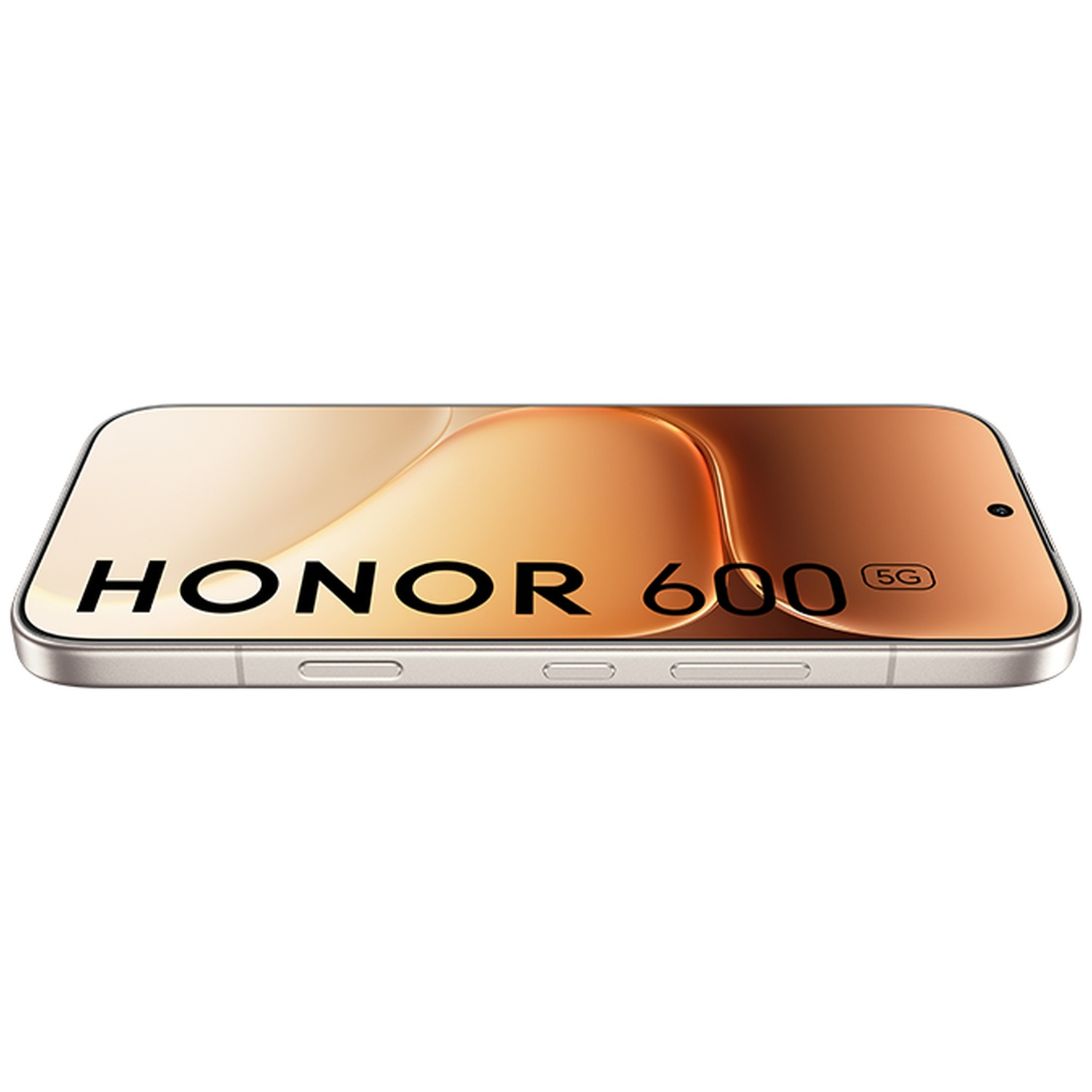 Silver Honor 600 5G smartphone with a golden screen background.
