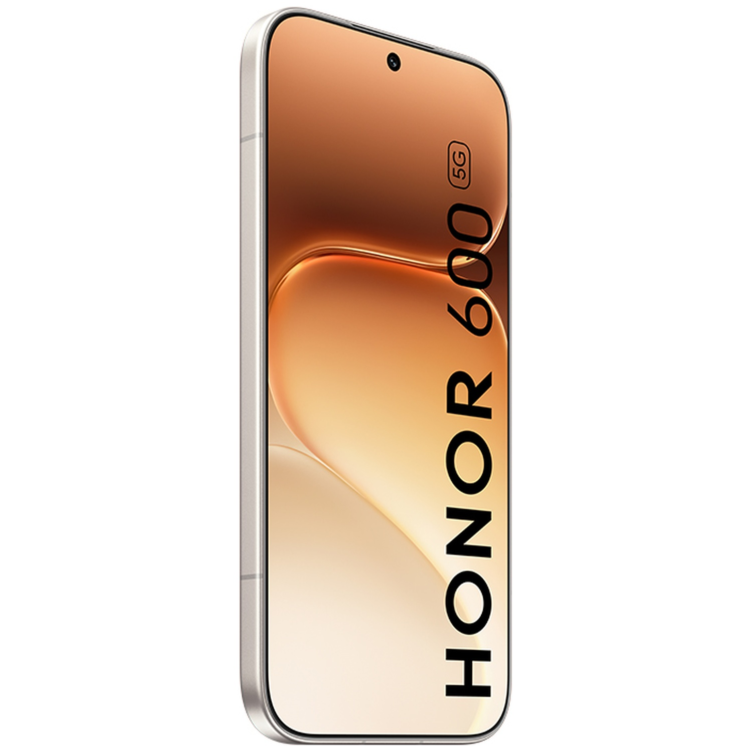 A sleek, silver smartphone displays HONOR 600 and 5G text on its screen.