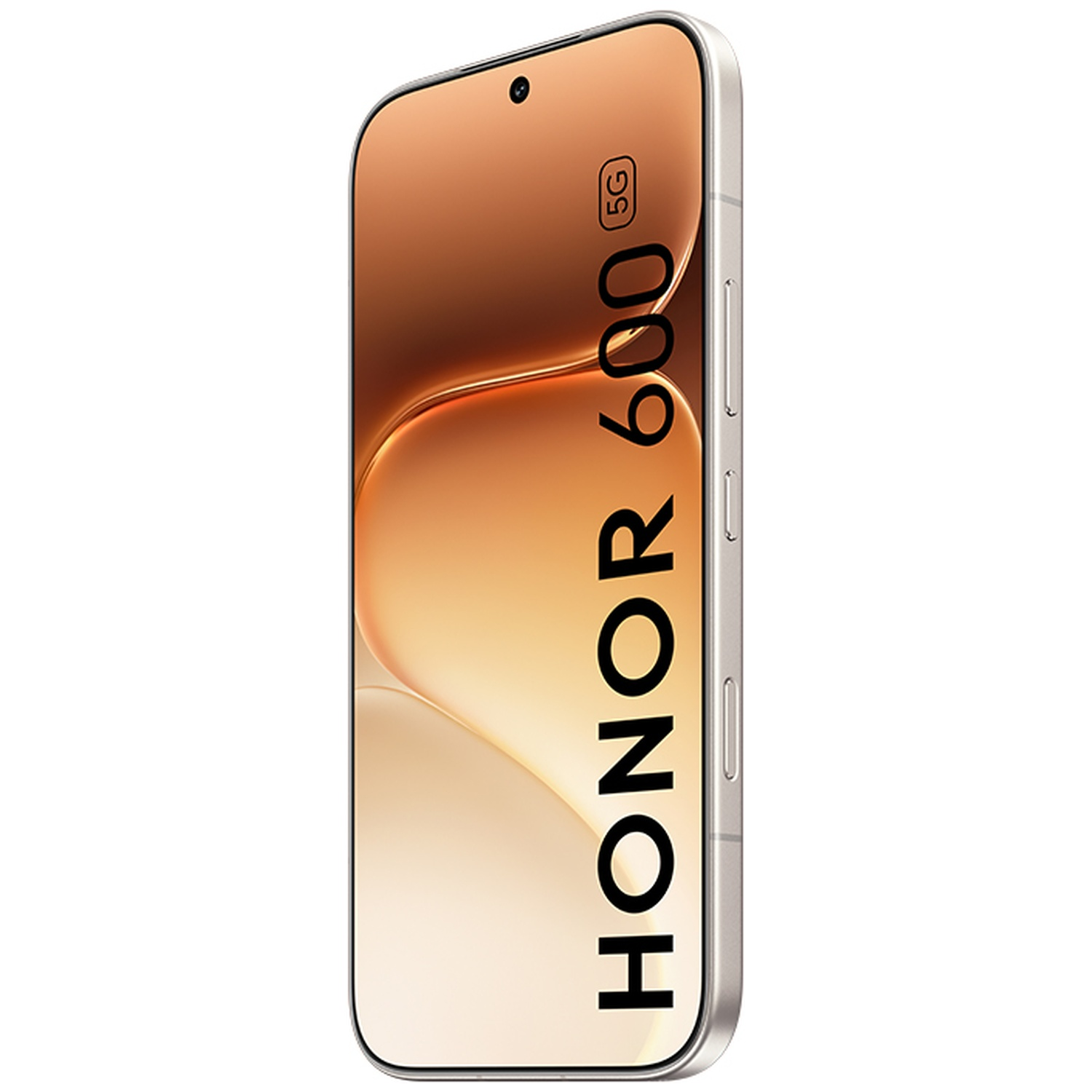 A silver Honor 600 5G smartphone with a gold gradient screen is shown.