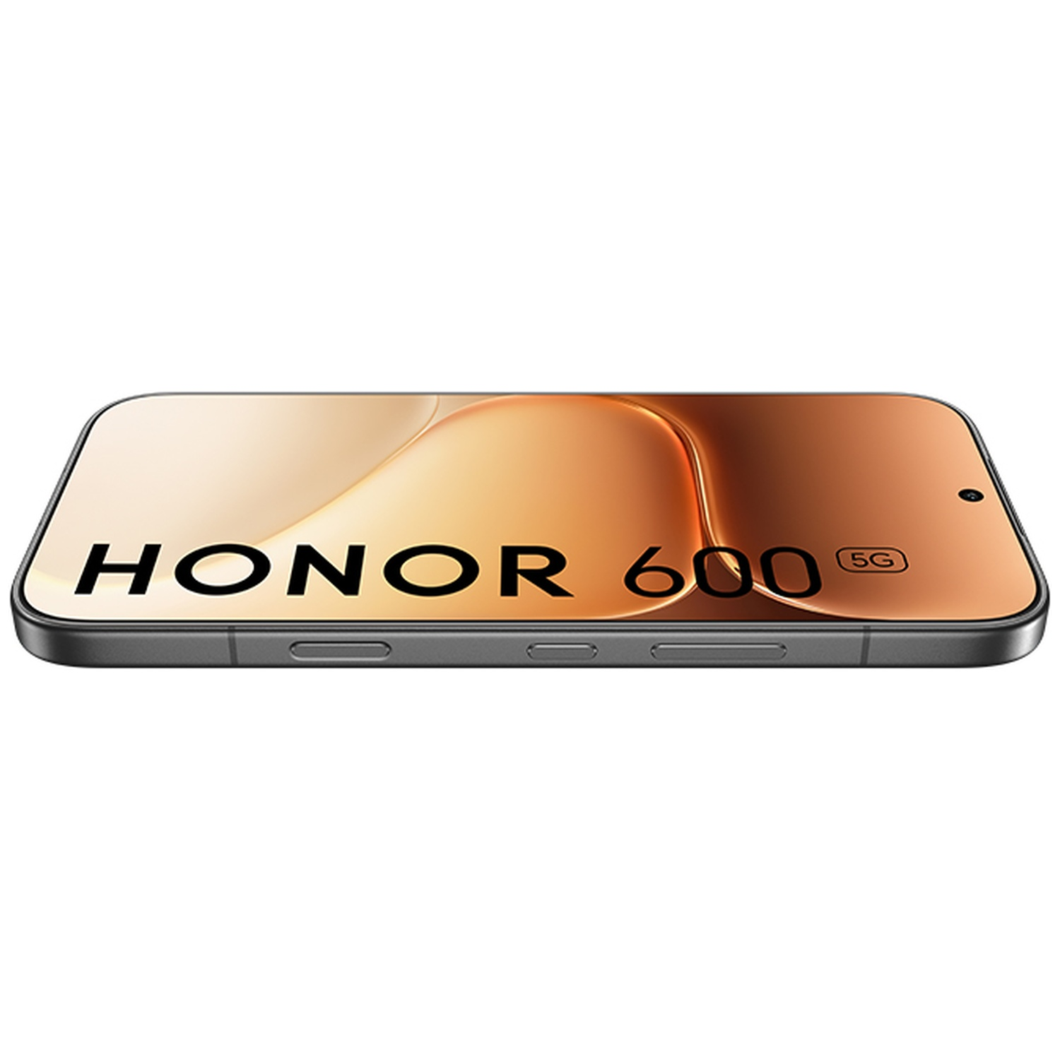 A HONOR 600 5G smartphone lies on a white surface.