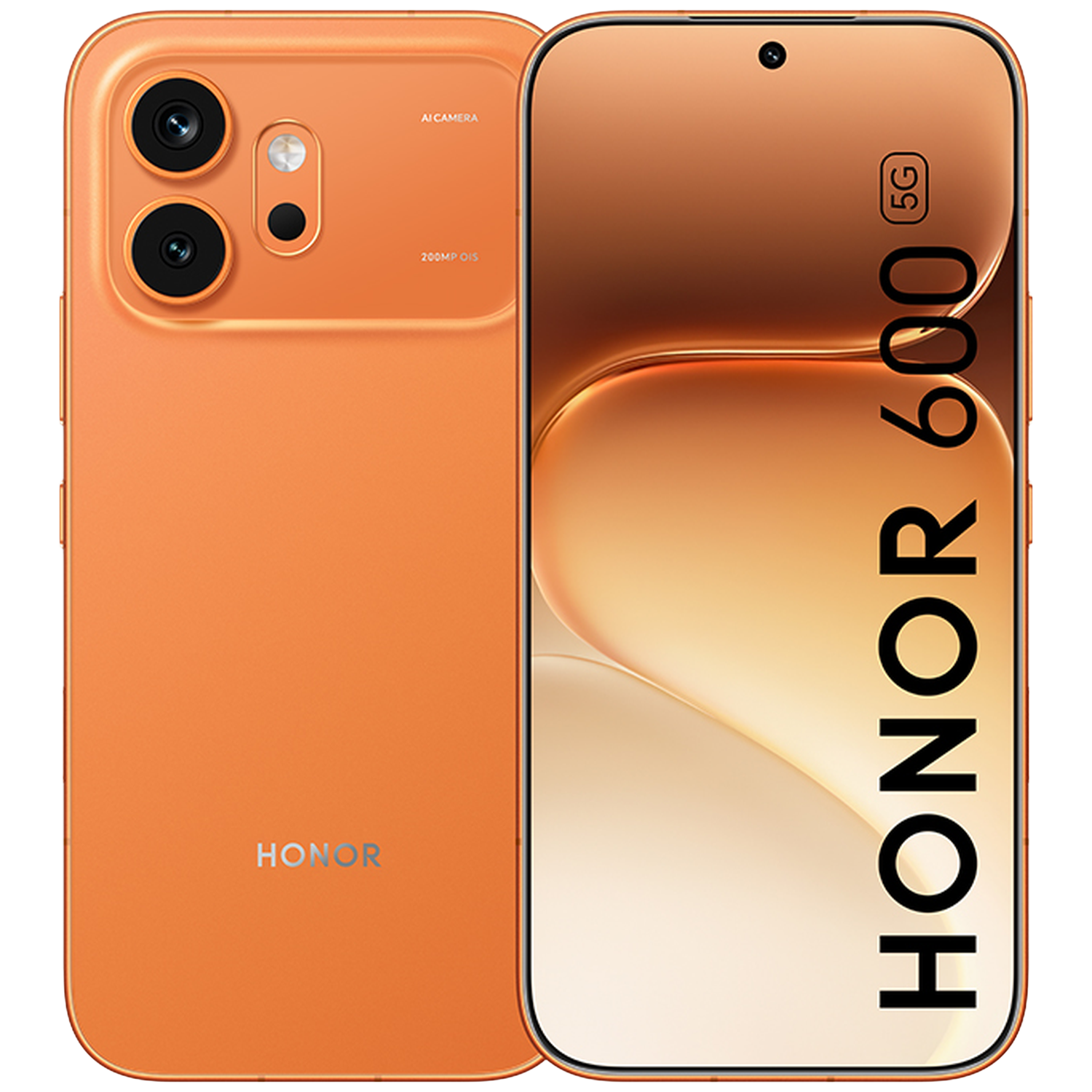 Oranje Honor 600 5G smartphone met 200MP camera.