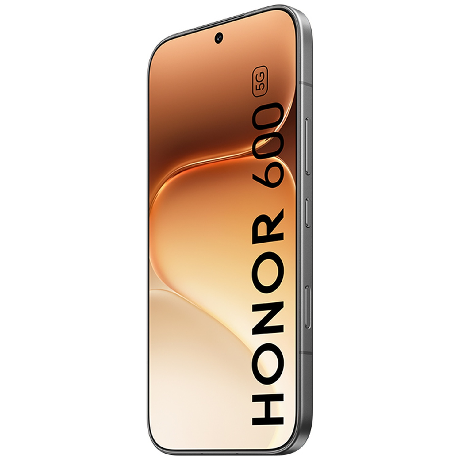 Silver Honor 600 5G smartphone on a golden gradient background.
