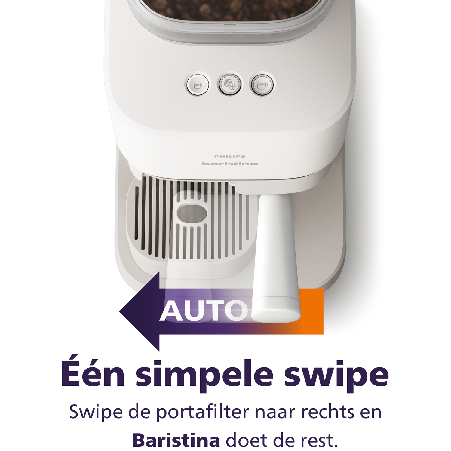 White coffee machine with portafilter, buttons, and coffee bean hopper.